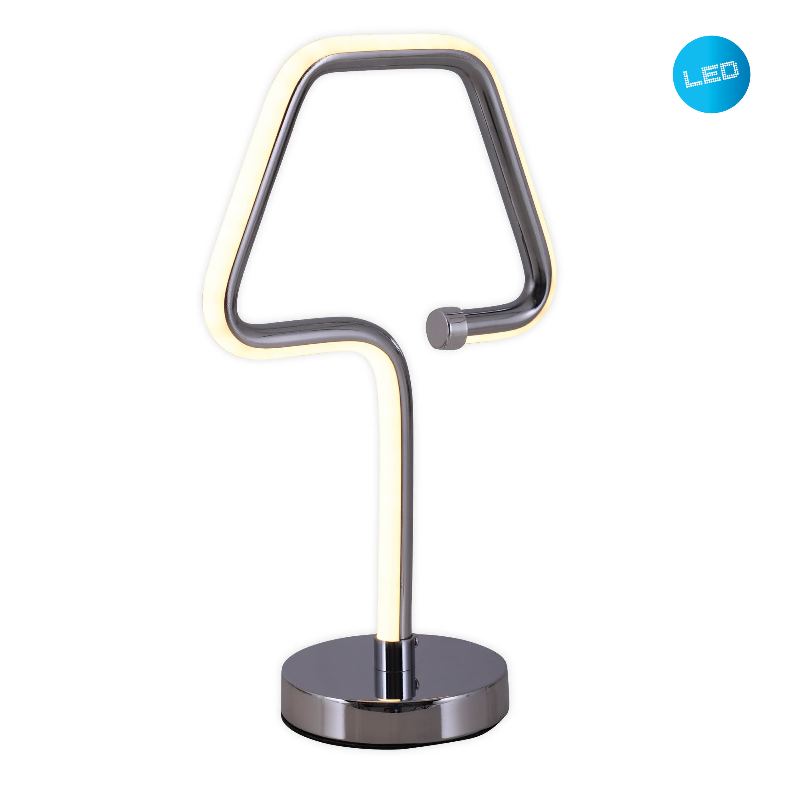 Moderne LED-Lampe mit geschwungenem Design. Silber-Finish mit weißem Licht.