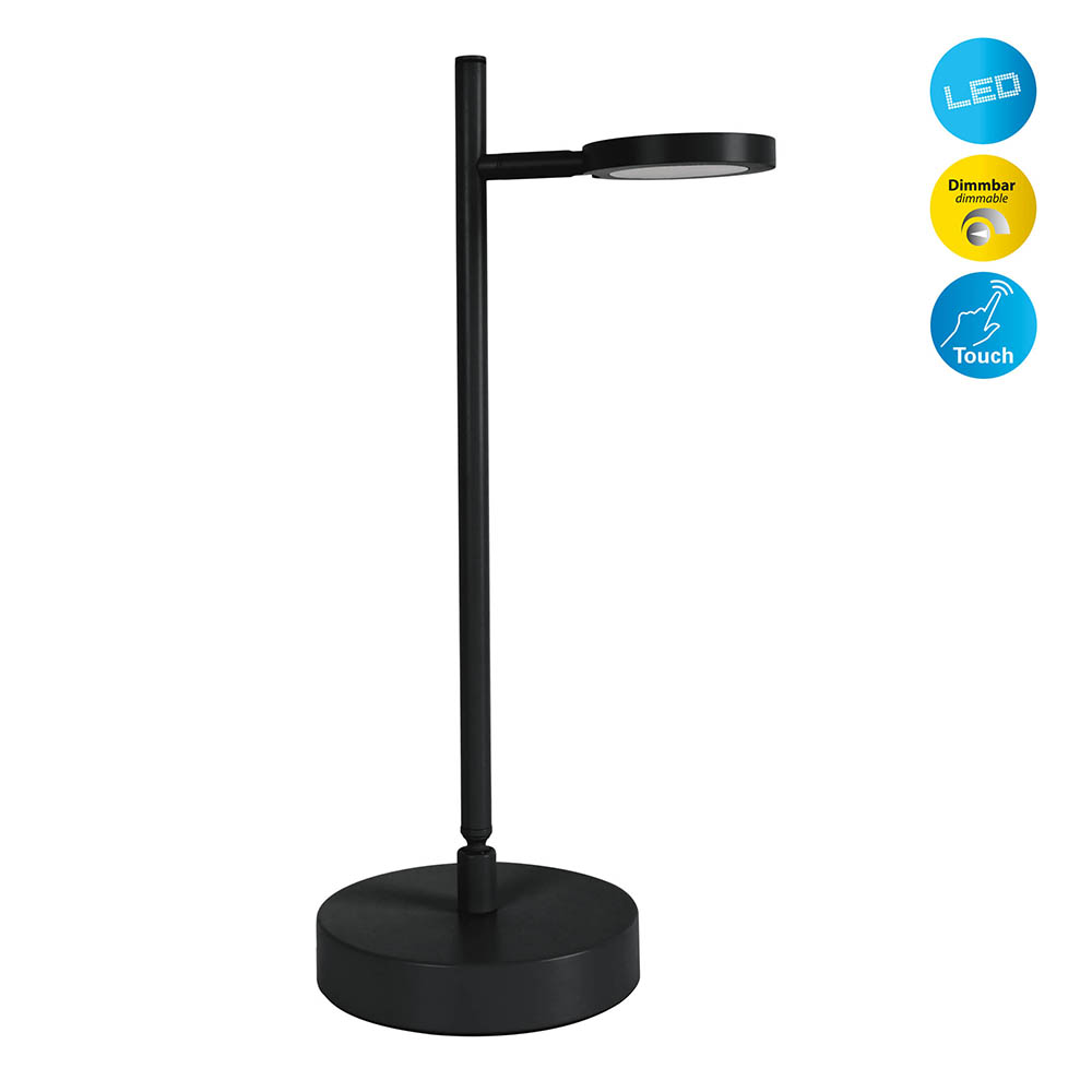 Eine schwarze Lampe mit LED-, dimmbaren und Touch-Funktionen.