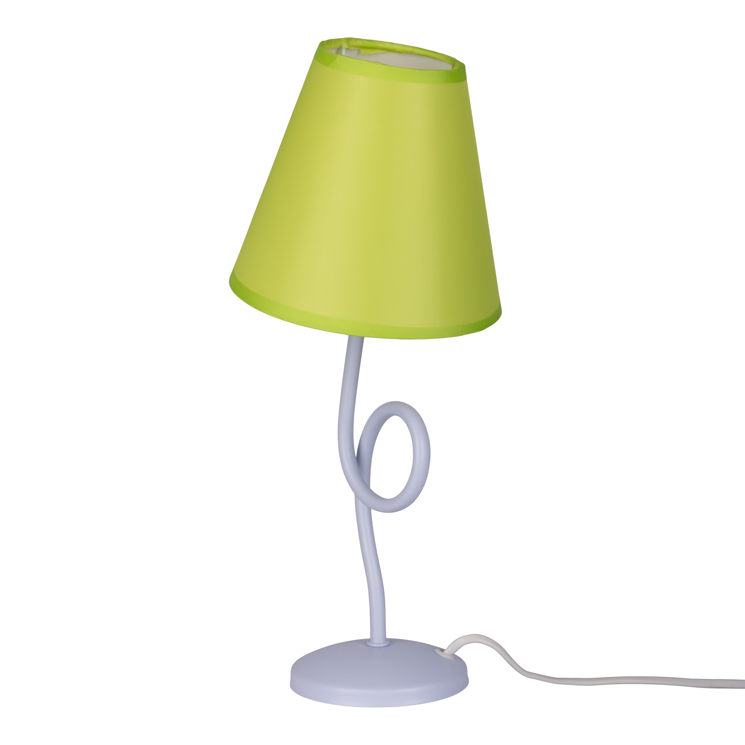 Eine Lampe mit grünem Lampenschirm und gebogenem Stiel.