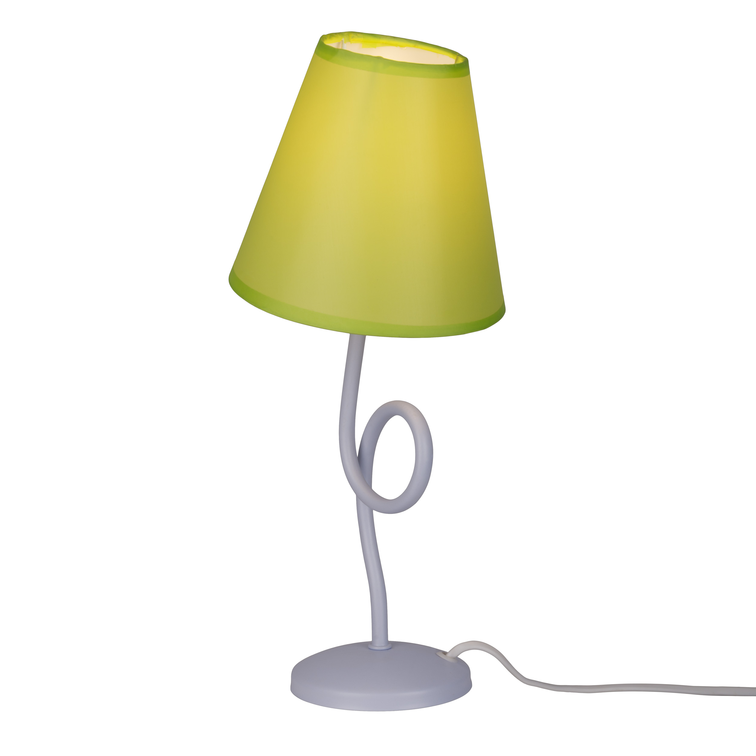 Eine weiße Tischlampe mit grünem Lampenschirm. Der Lampenstiel ist weiß und gebogen. Sie hat einen weißen Sockel und ein weißes Netzkabel.