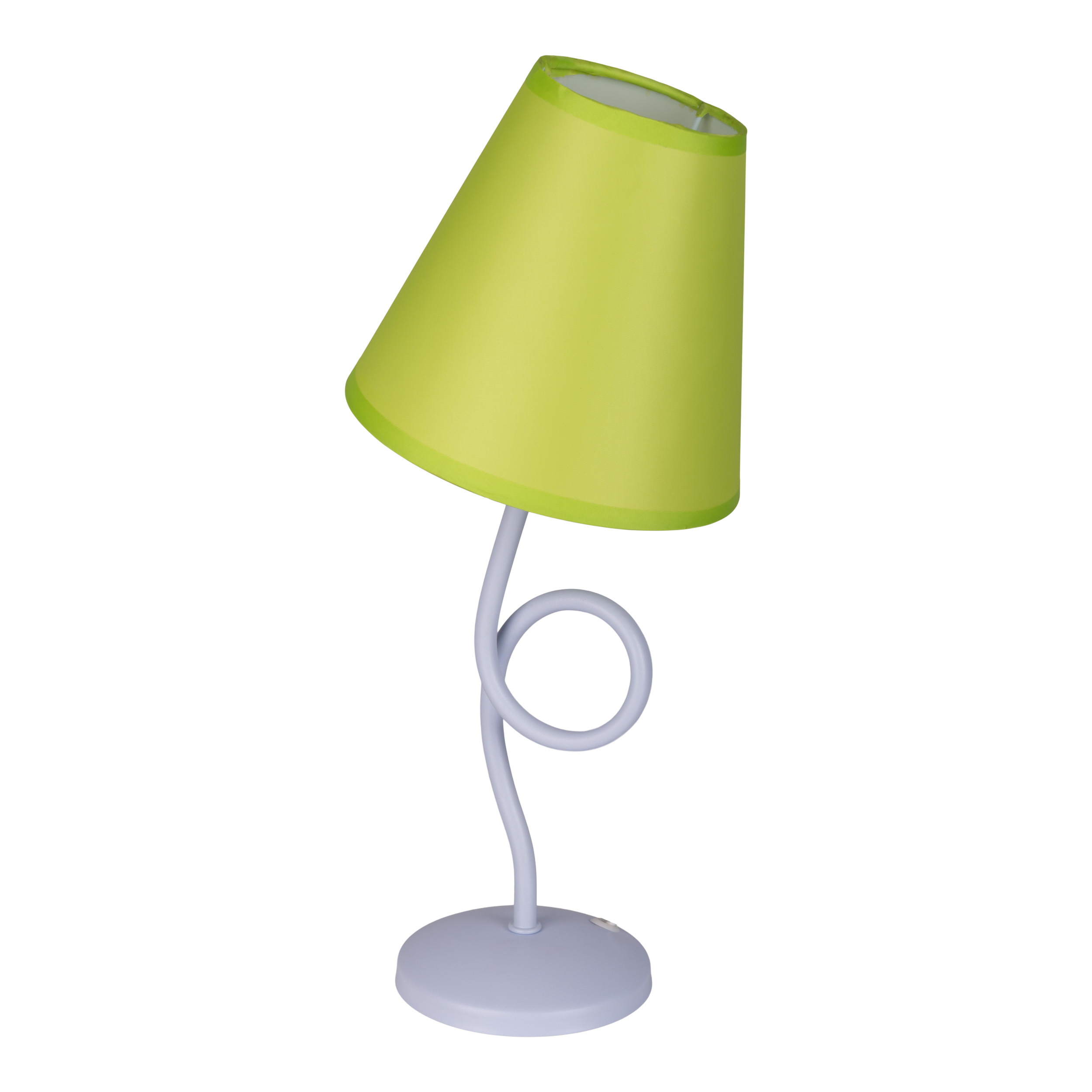 Eine Lampe mit gebogenem weißen Stiel und grünem Lampenschirm.