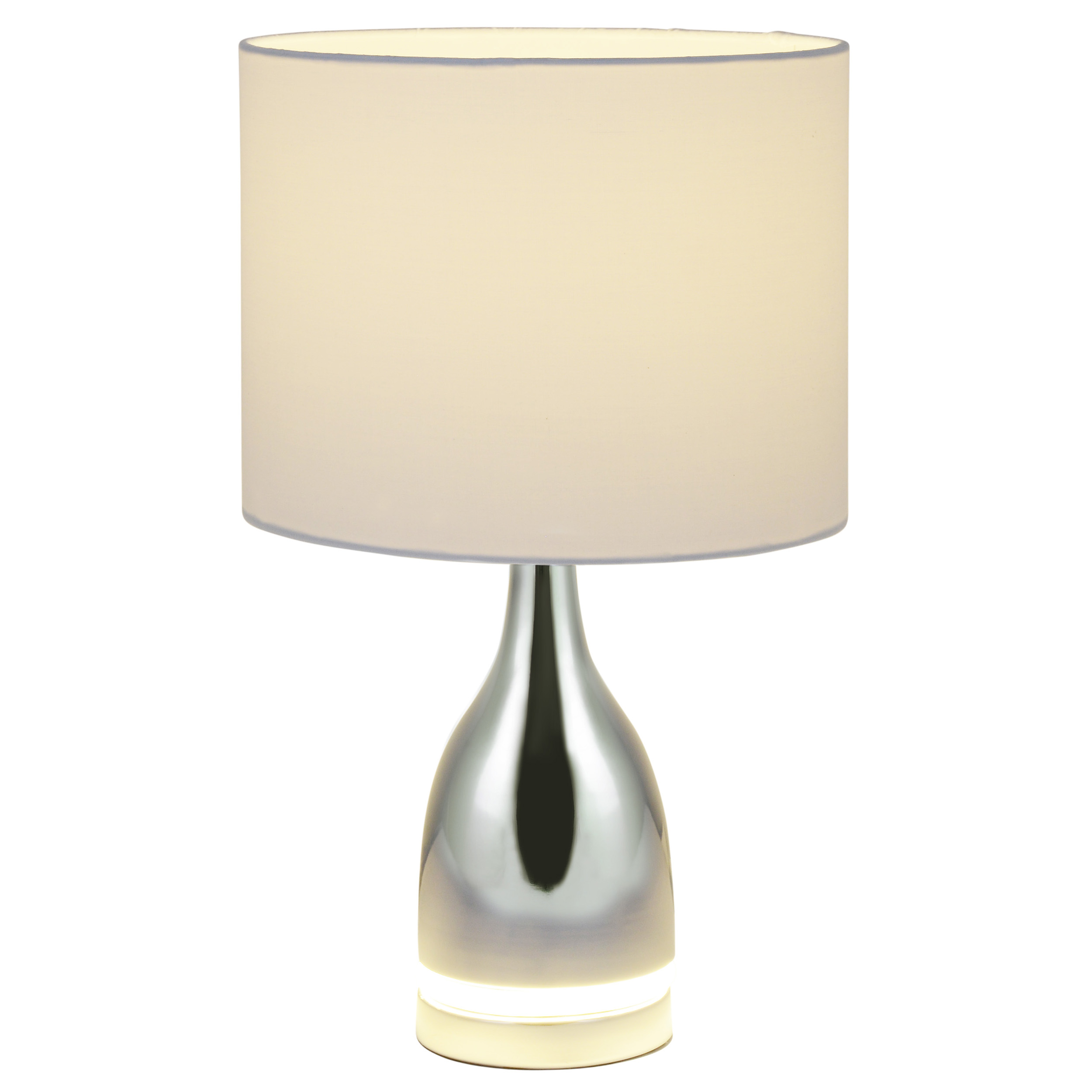Silberne Lampe mit weißem Schirm. Der Sockel ist silberfarben, der Schirm zylindrisch.