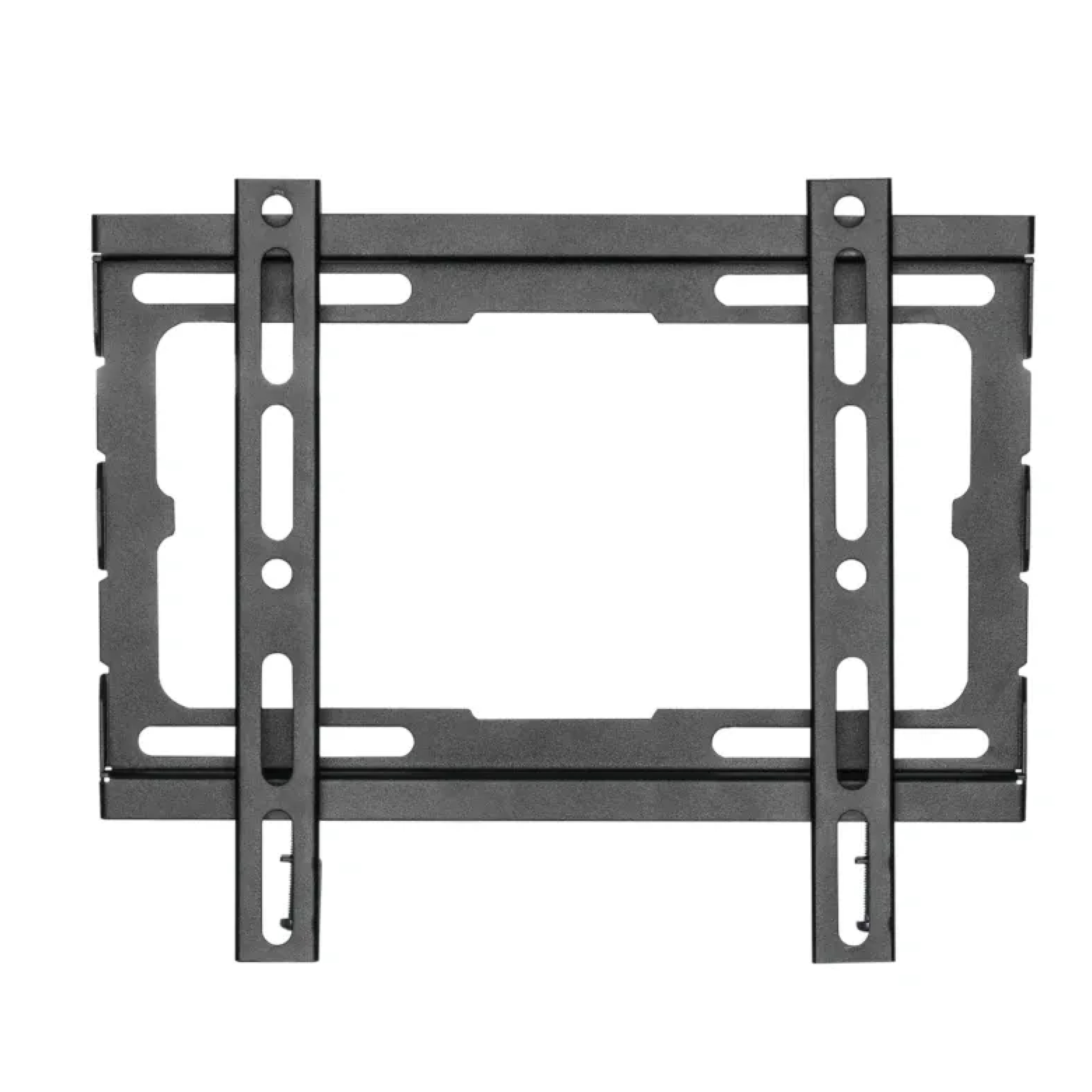 Soporte de pared de TV negro, rectangular con dos barras verticales y varios orificios de montaje.