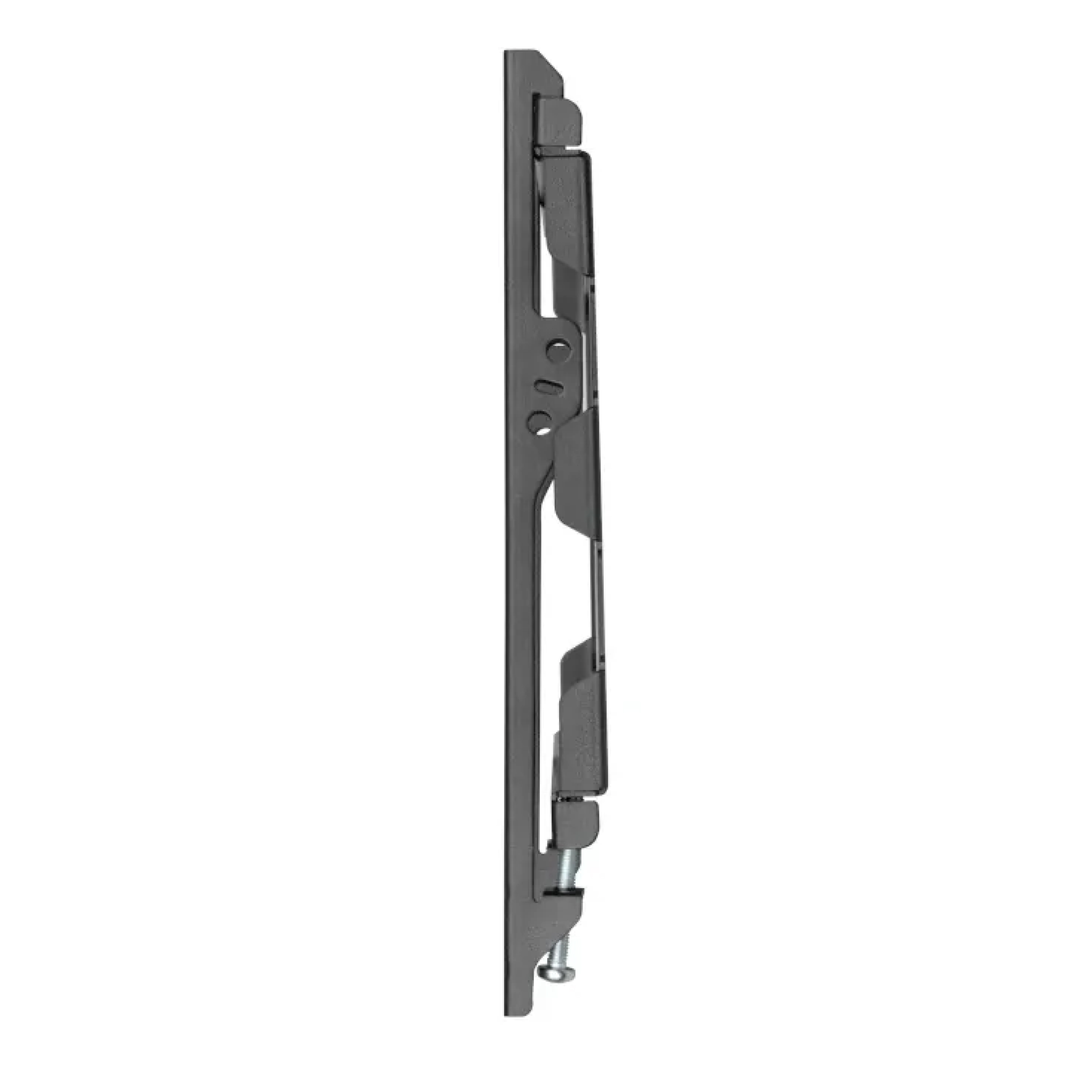 Un soporte de pared de TV negro, vista lateral, con un tornillo visible.