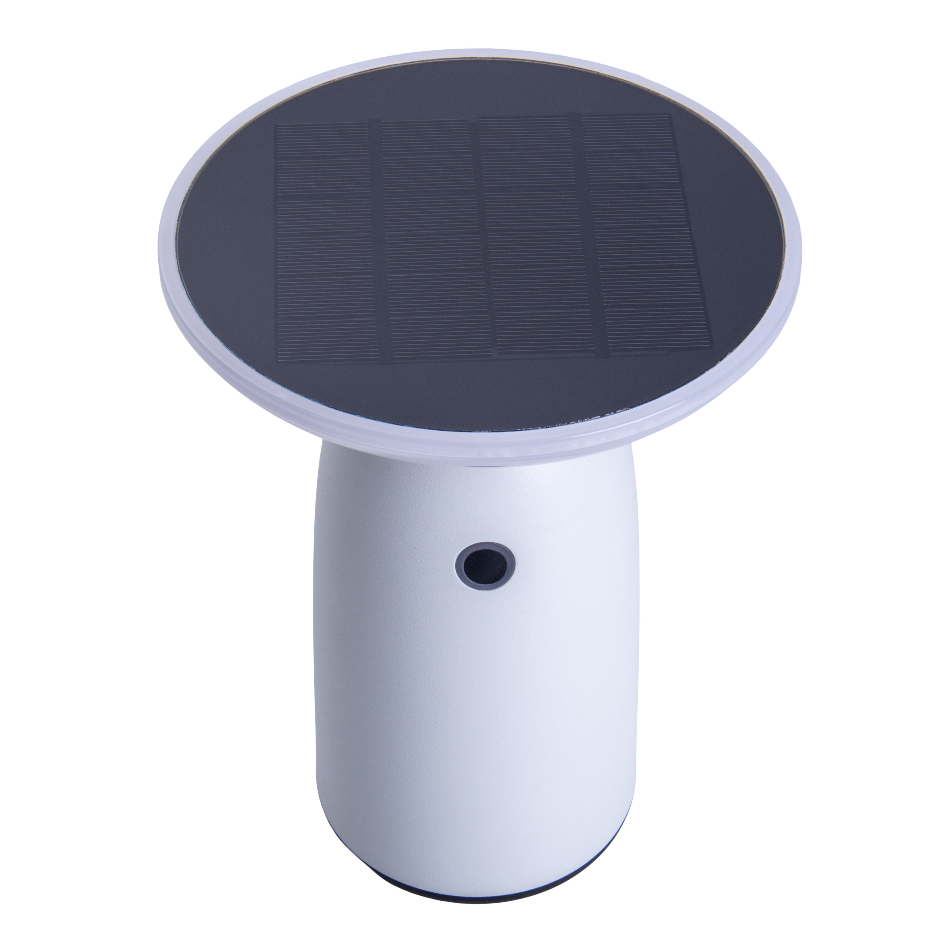 Weiße Solar-Tischlampe, runde Solarpanel-Oberseite, weißer Körper, schwarzer Knopf, isoliert.