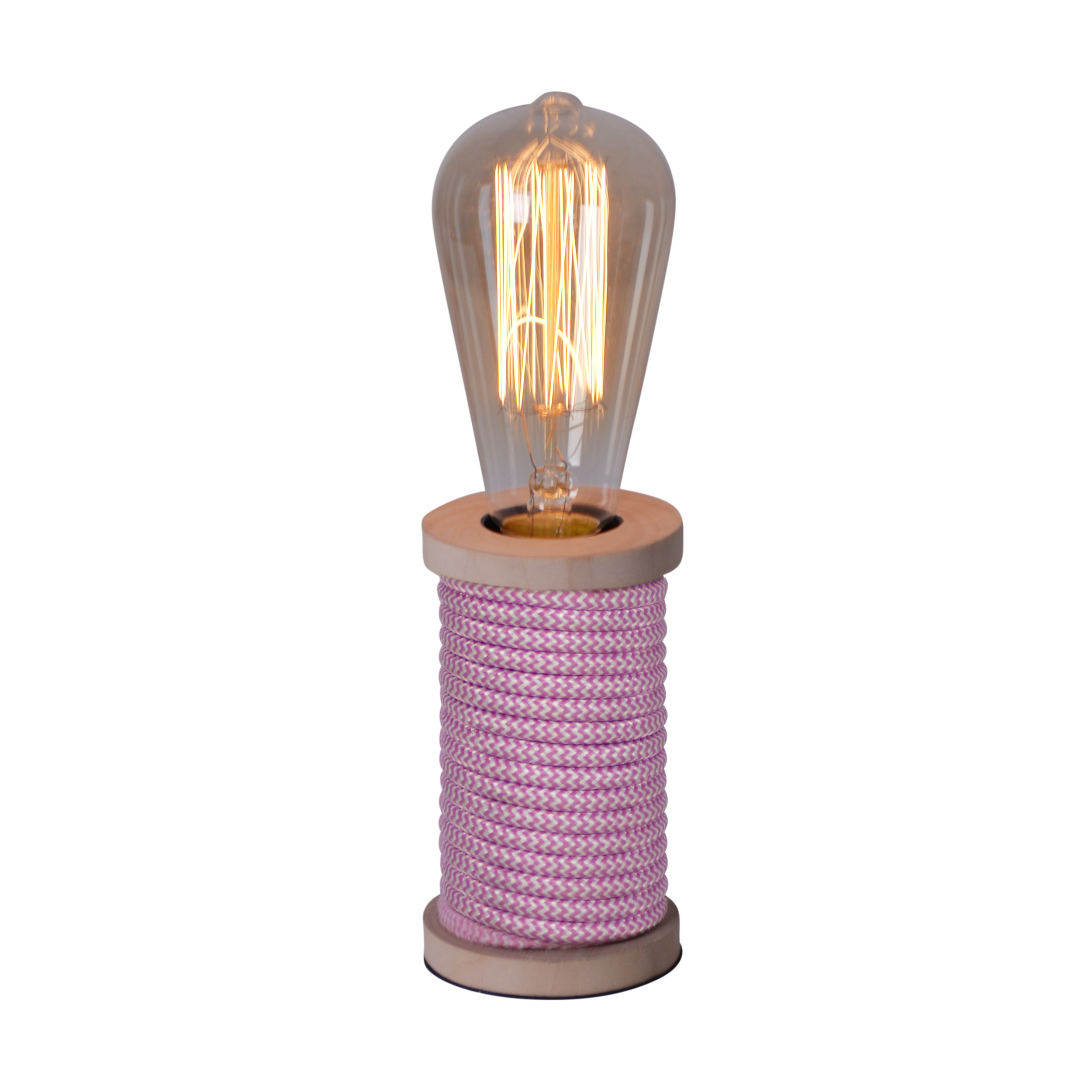 Lampe mit rosa-weißem seilumwickeltem Sockel, Holzakzenten und Edison-Glühbirne.