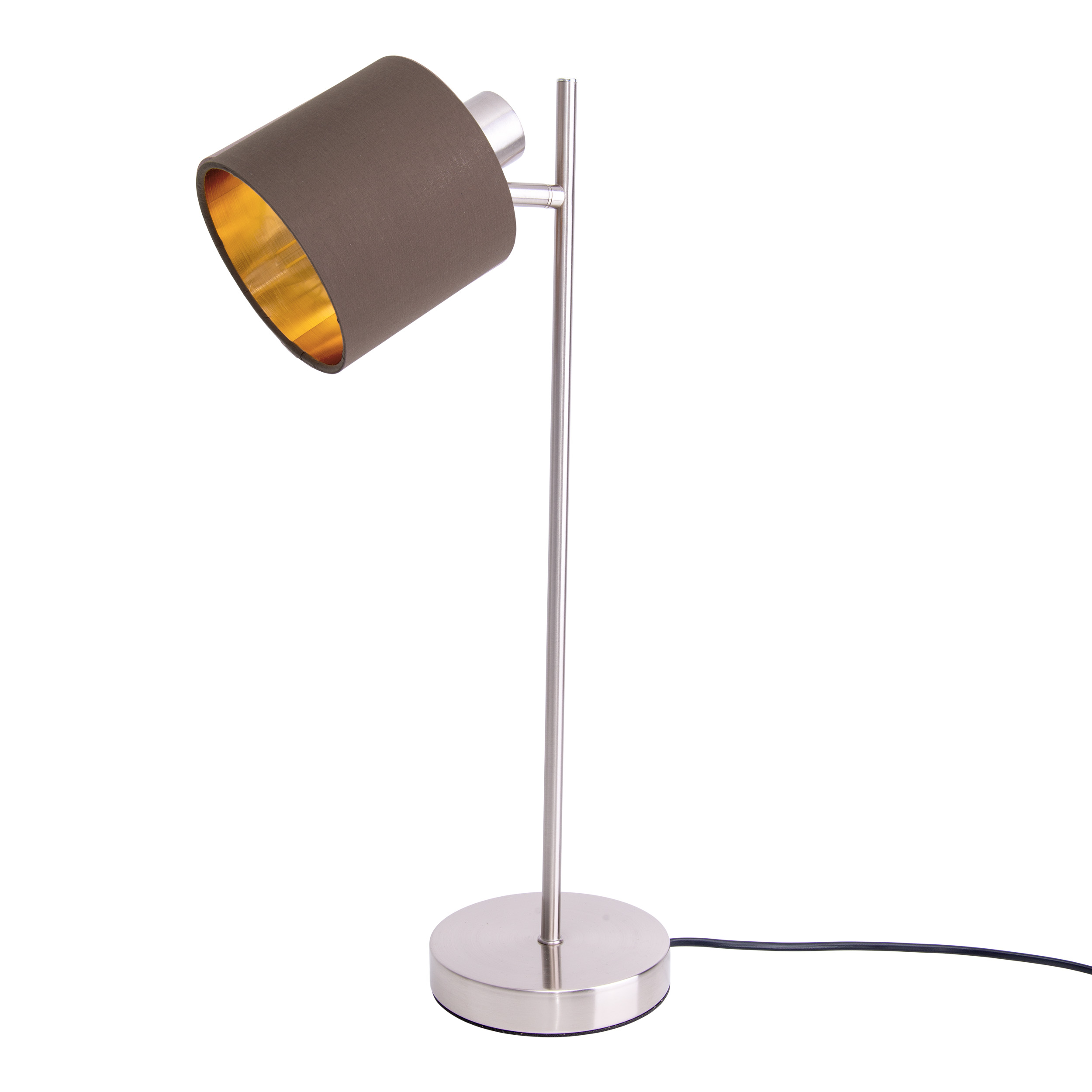 Moderne Schreibtischlampe, silberner Fuß, Arm und brauner Schirm, warmes Licht beleuchtet Gold.