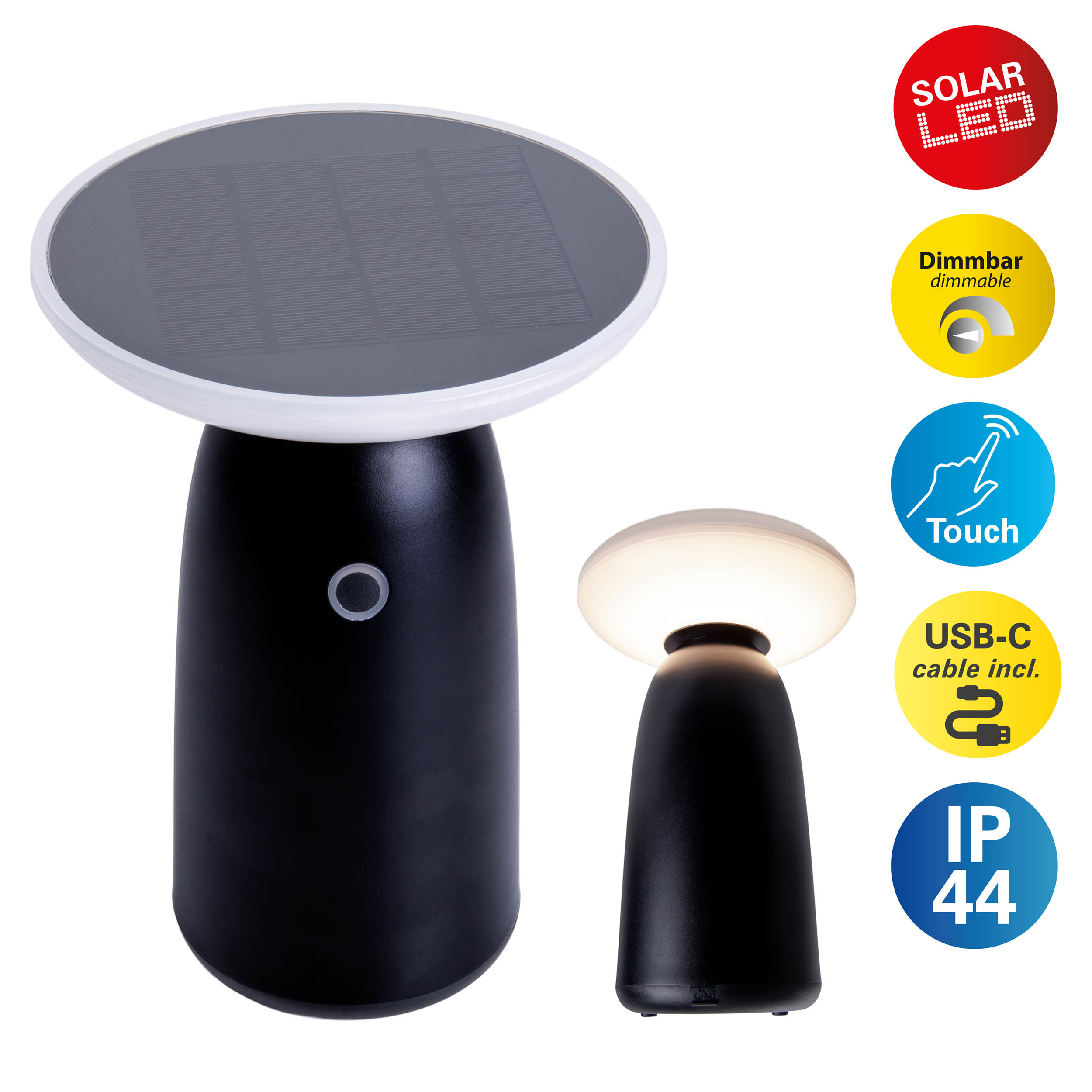Zwei Solar-LED-Lampen, schwarzer Körper, rundes Solarpanel oben, dimmbar, Touch-Steuerung.