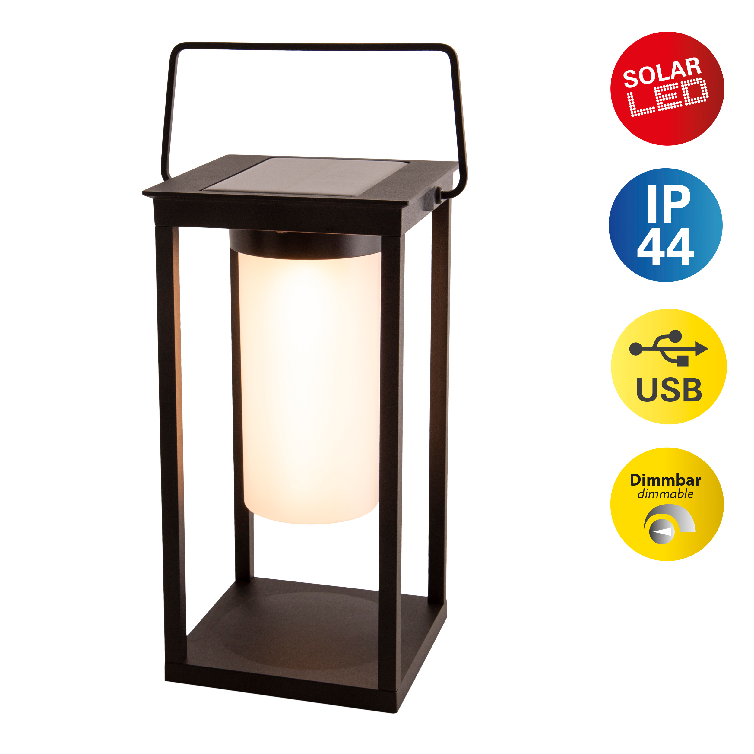 Schwarze Solar-Laterne mit Henkel, zylindrisches weißes Licht und Solarpanel oben.