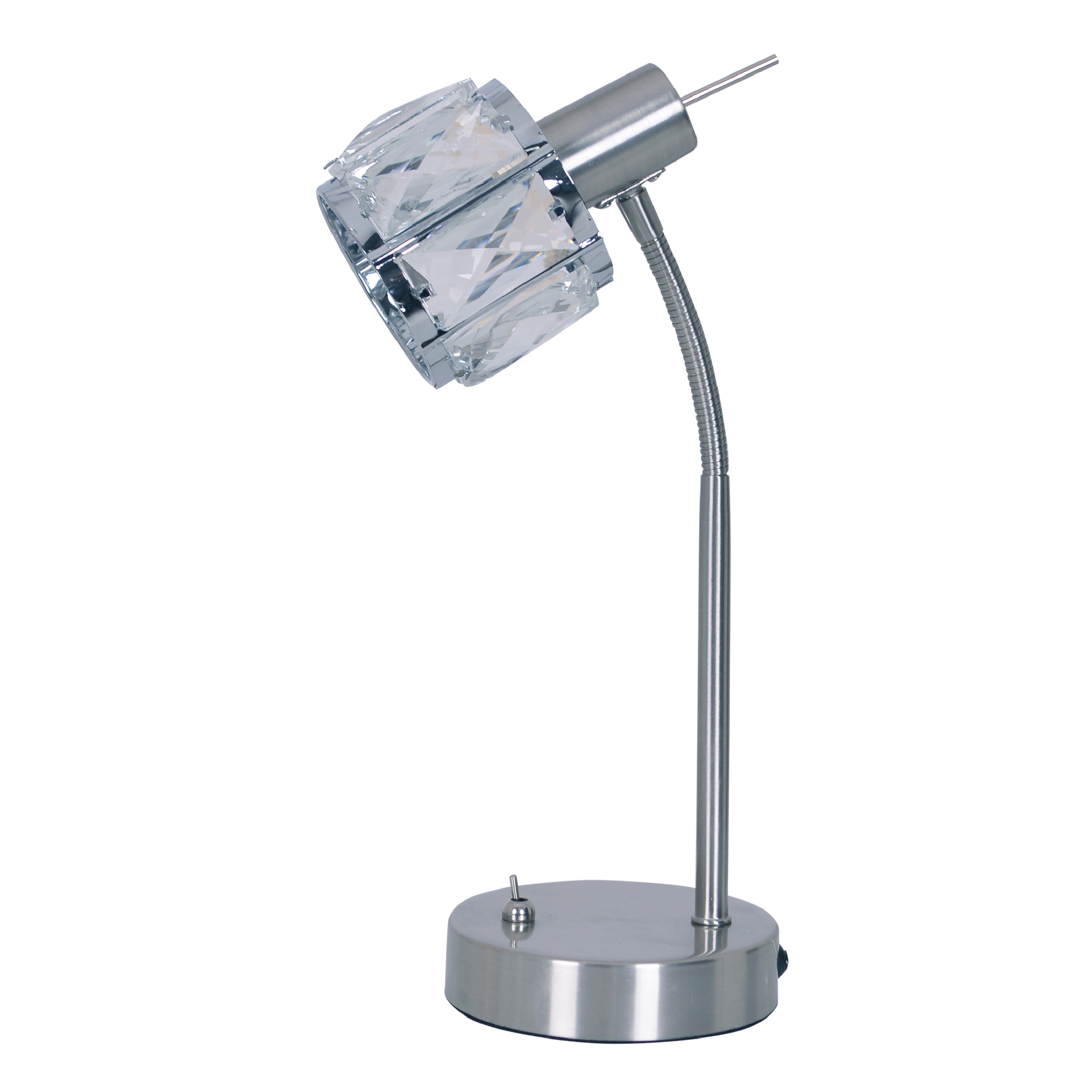 Eine silberne Schreibtischlampe mit Kristallschirm, vor weißem Hintergrund.