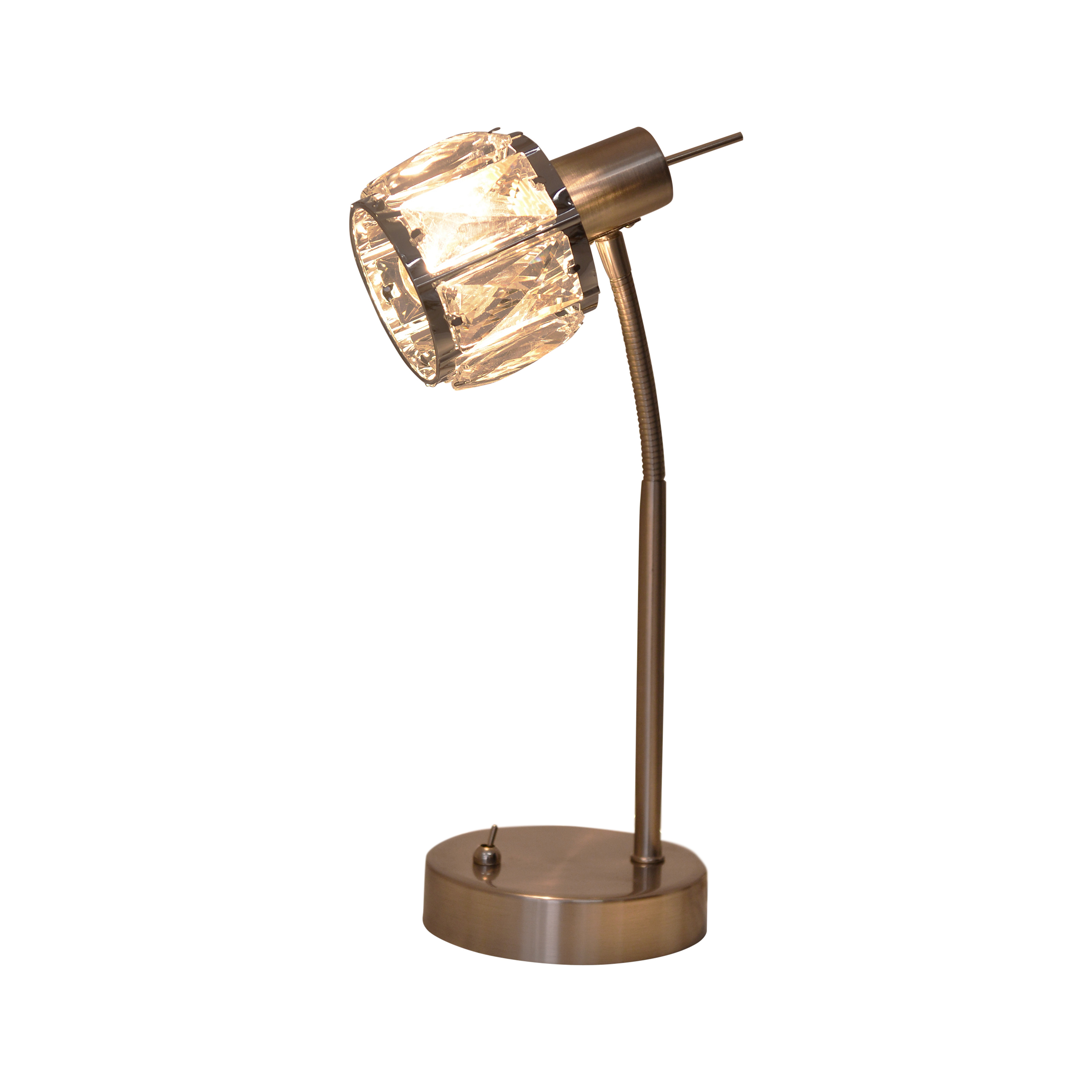 Eine bronzefarbene Schreibtischlampe mit Kristallschirm, vor weißem Hintergrund.