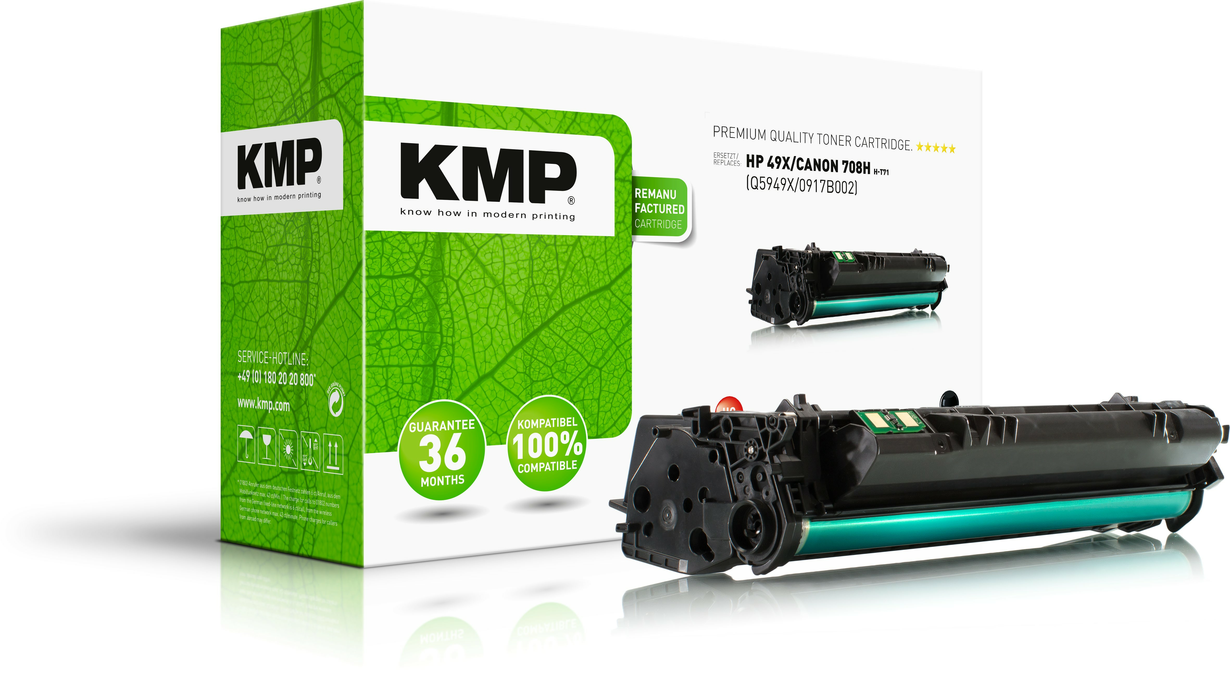 Cartuccia per stampante KMP nera, verde e nera, accanto alla sua scatola con design a foglie verdi.