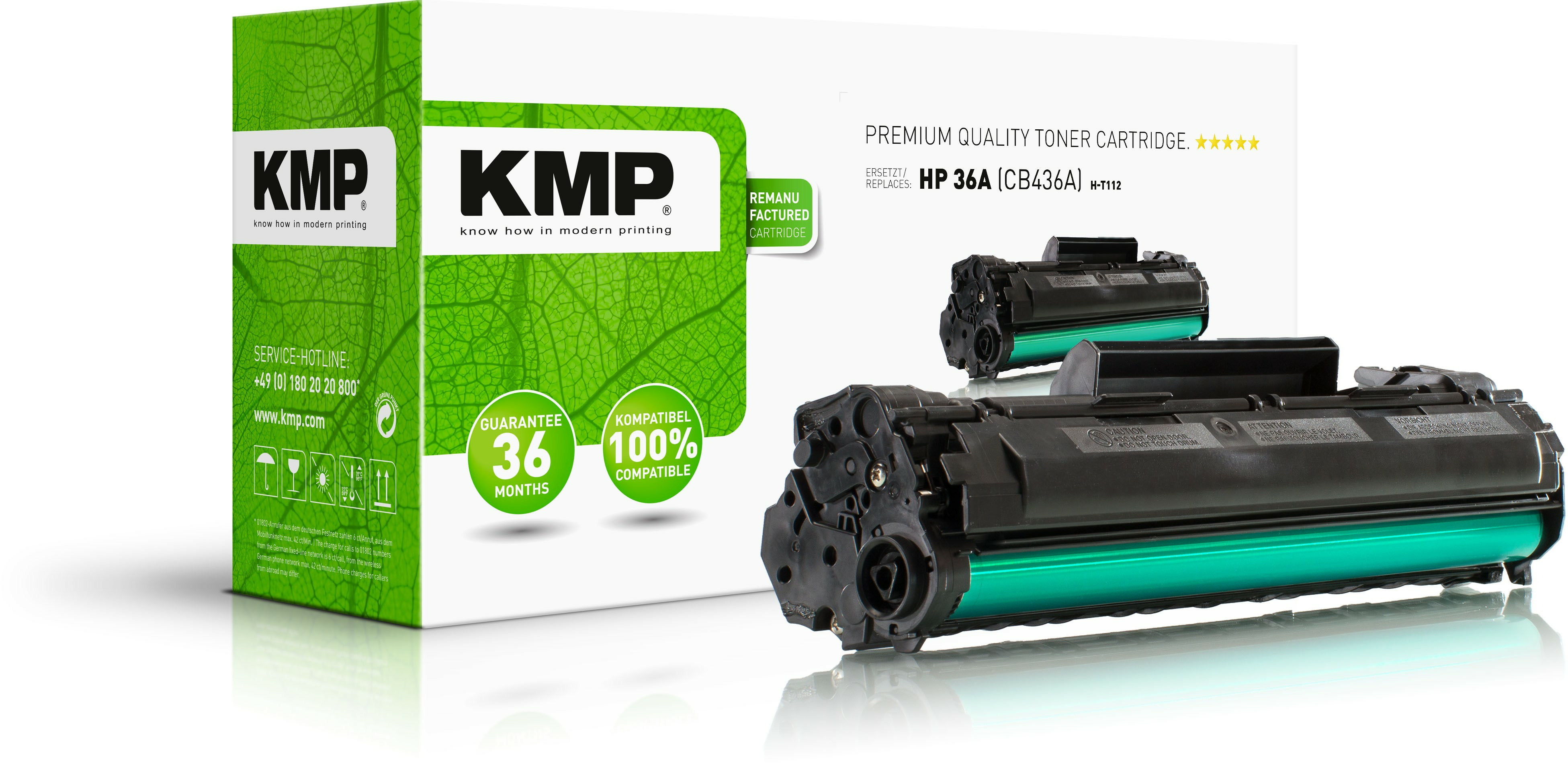 Scatola e cartucce toner KMP. Scatola verde con design a foglie, e cartucce nere con parti verdi.
