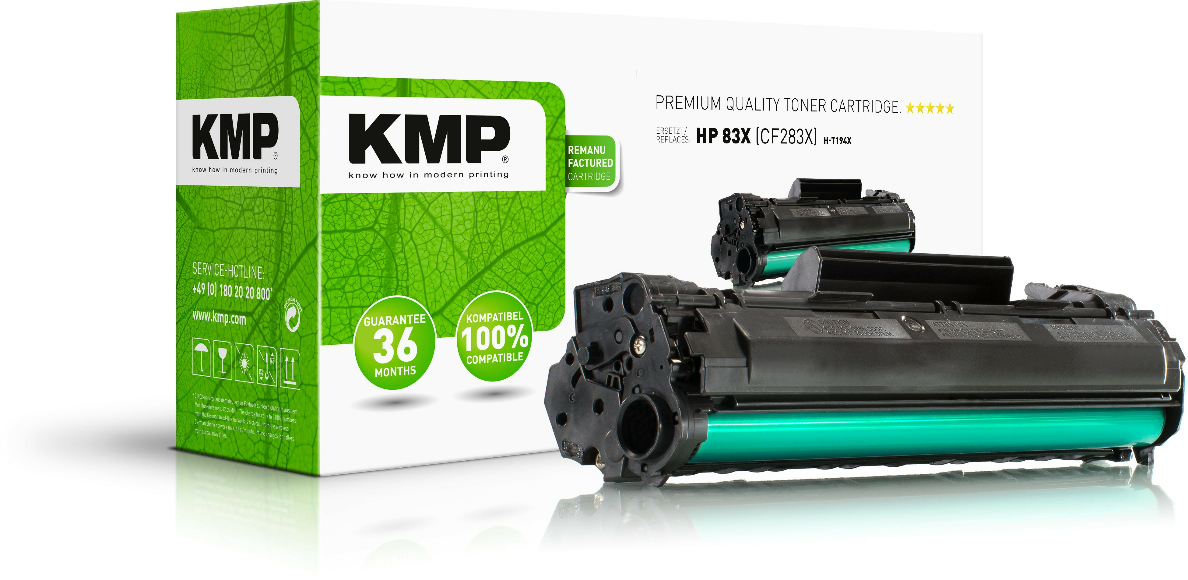Scatola e cartucce toner KMP. Scatola verde con design a foglie, cartucce nere con parti verdi.