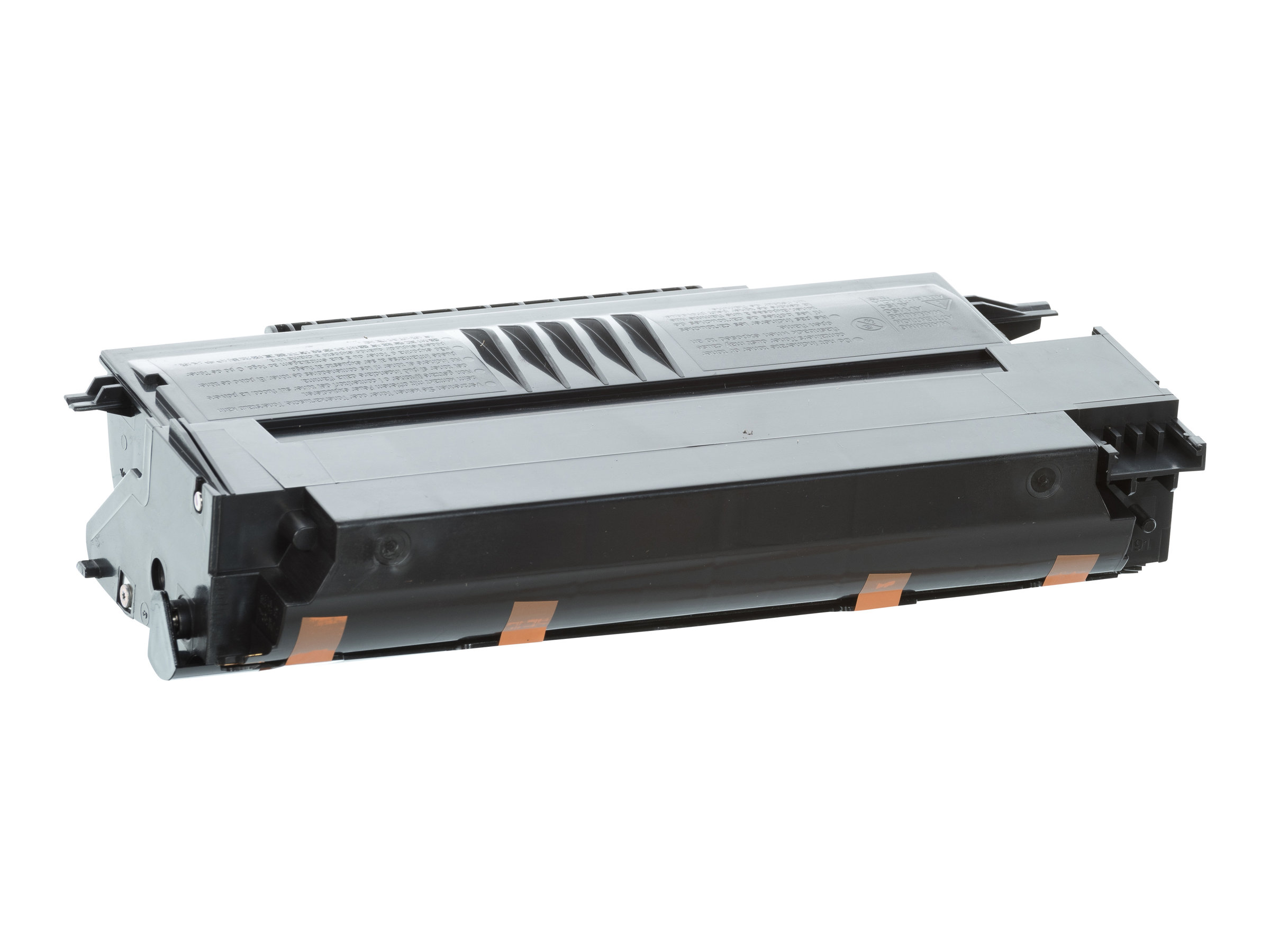 Cartuccia toner nera con strisce arancioni su sfondo bianco.