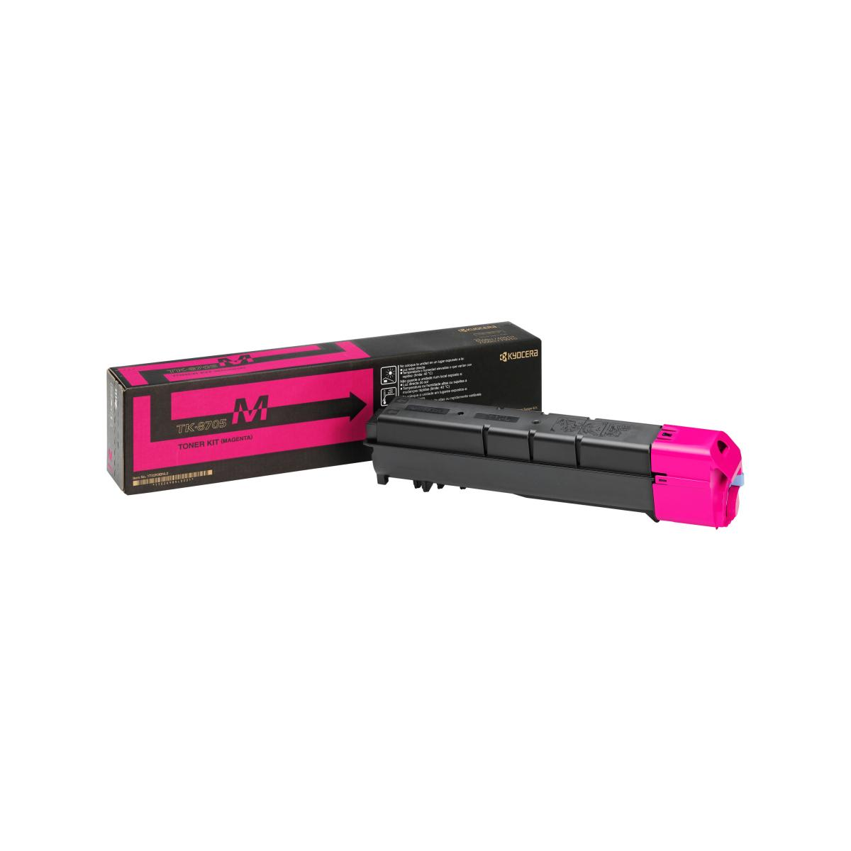 Cartuccia toner magenta e la sua scatola. La scatola è nera e rosa.