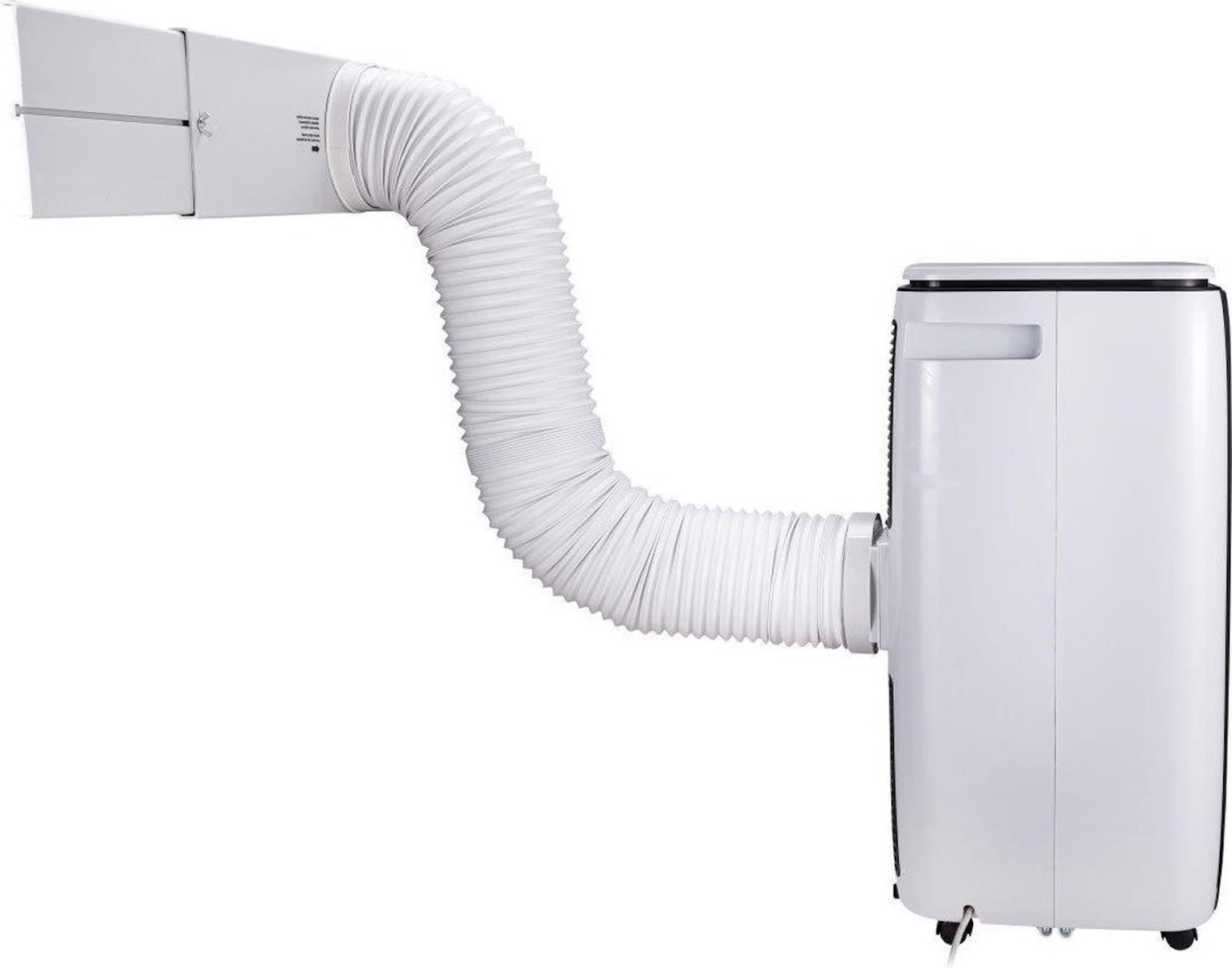 Witte airconditioner met flexibele slang en muurbevestiging. Het apparaat staat op wielen.