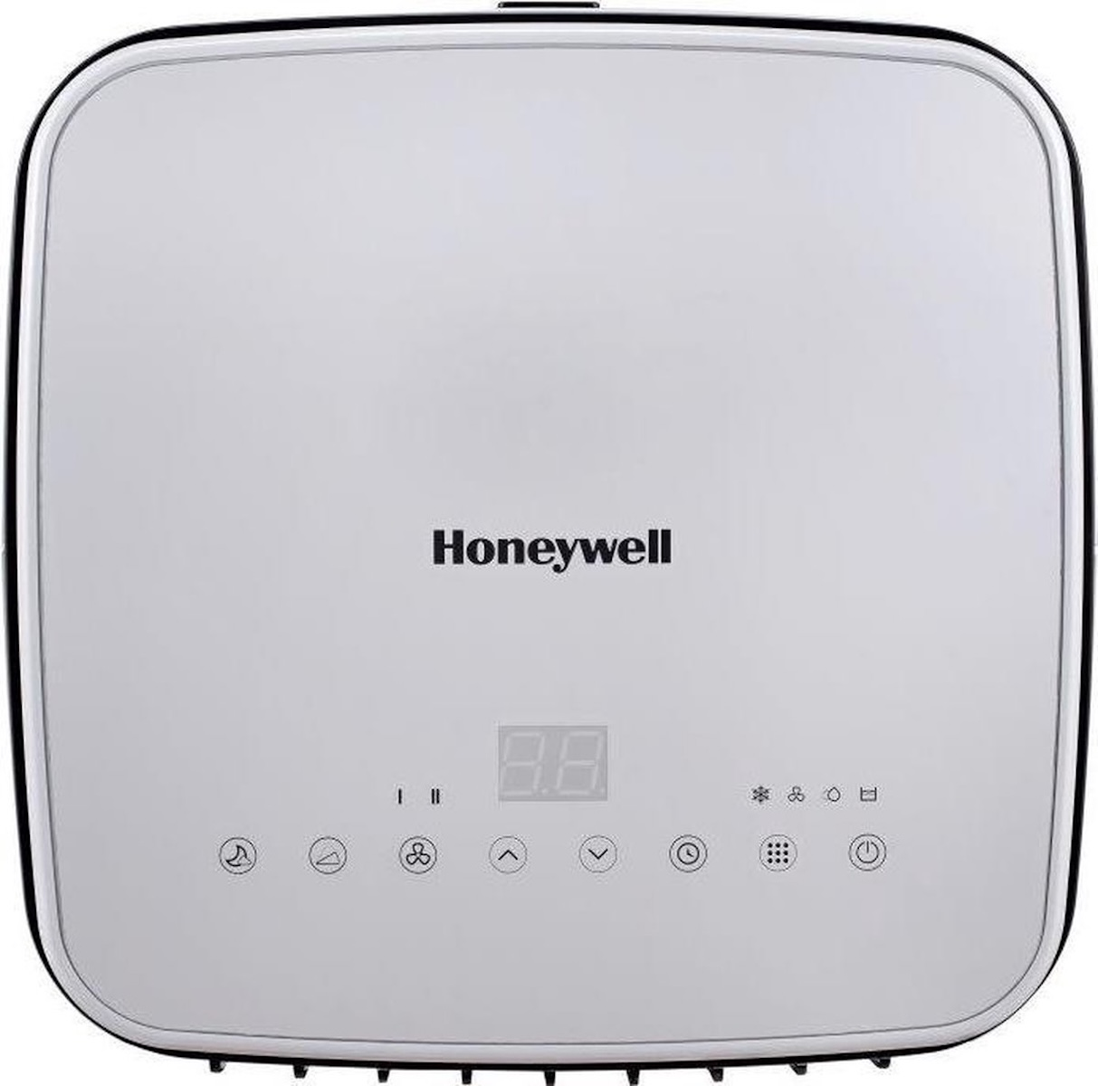 Wit Honeywell airconditioner bedieningspaneel. Met digitaal display en knoppen.