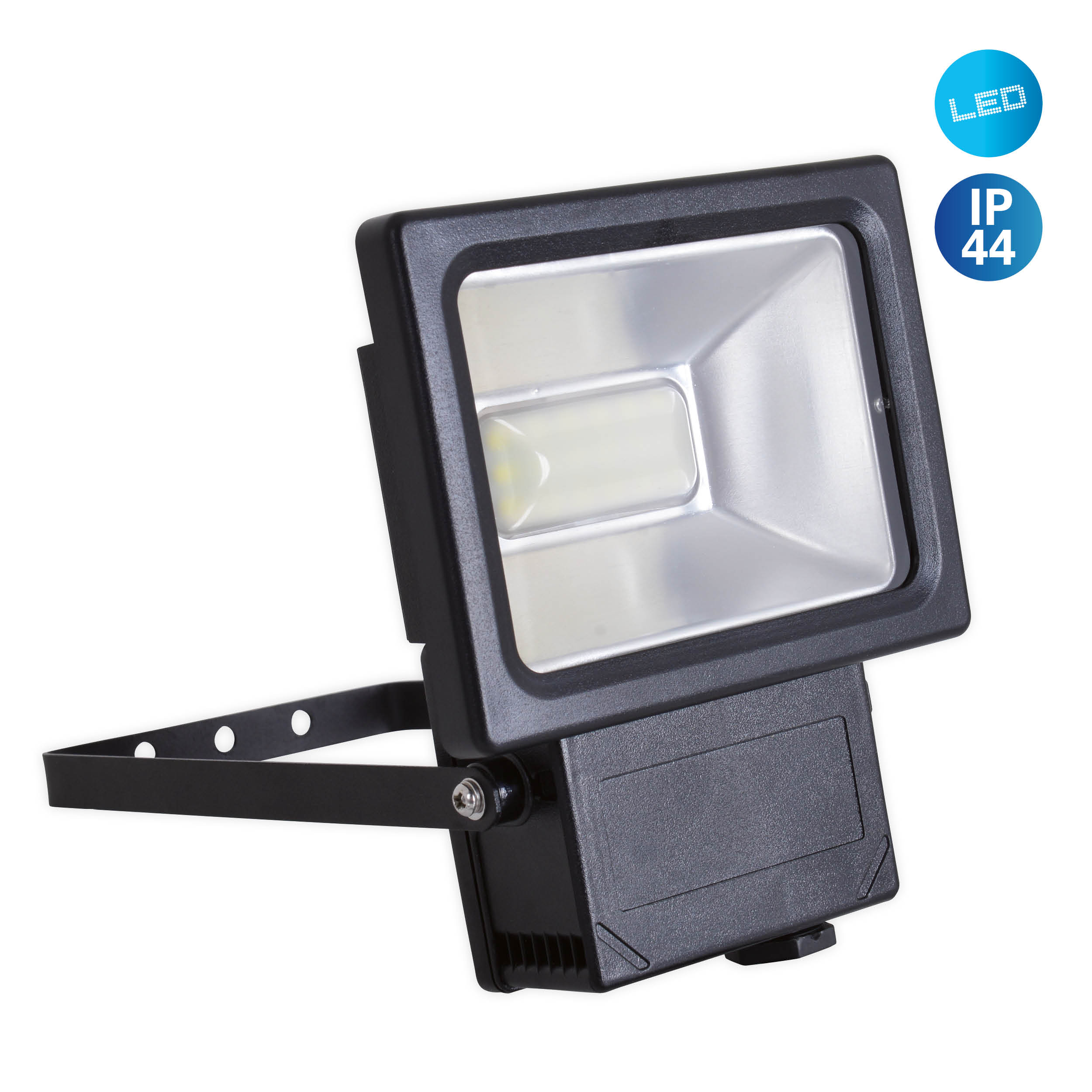 Schwarzer LED-Flutlichtstrahler mit weißer Lichtfläche, IP44-Etikett und LED-Symbol.