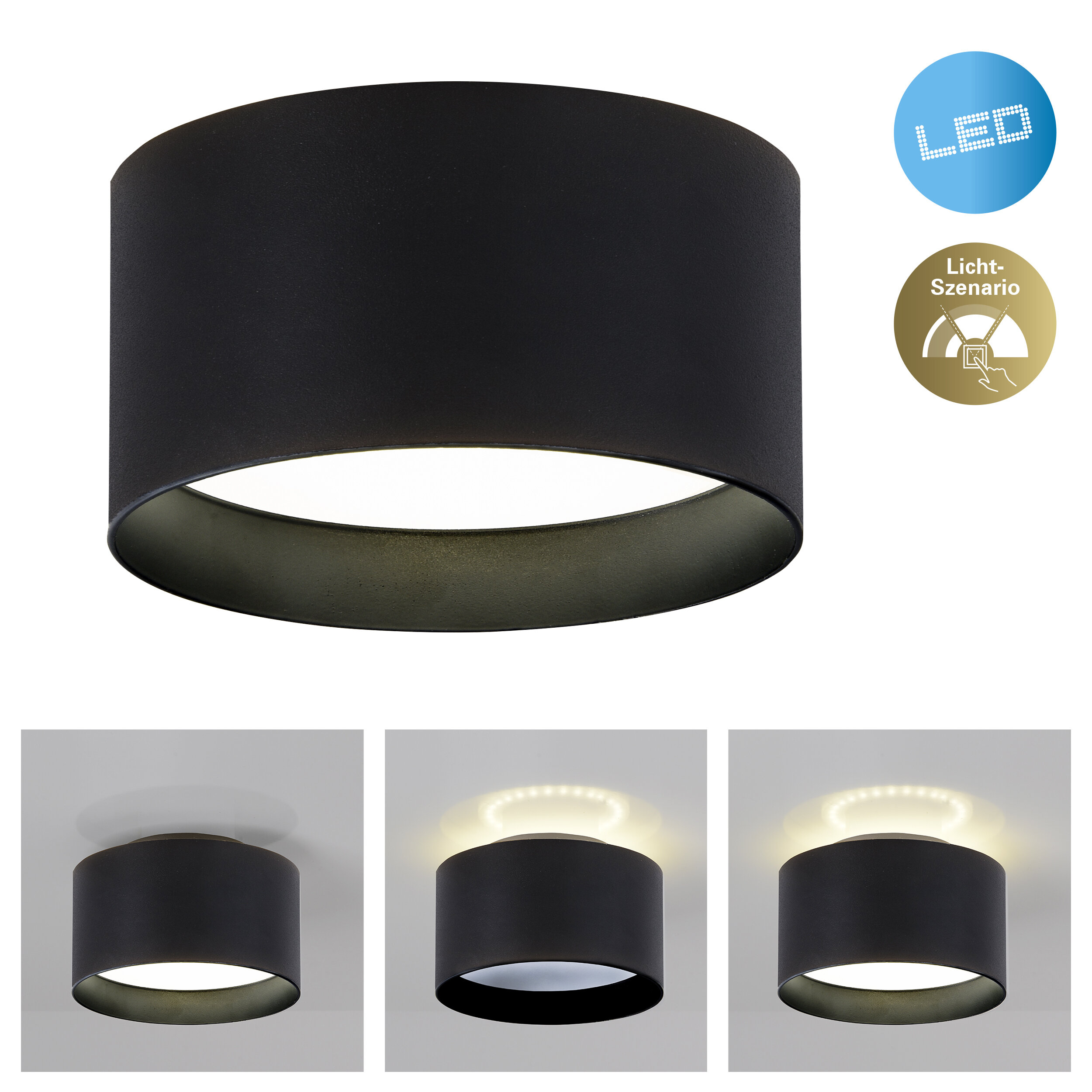 Schwarze zylindrische Lampe mit Lichtquelle und drei verschiedenen Lichteinstellungen.
