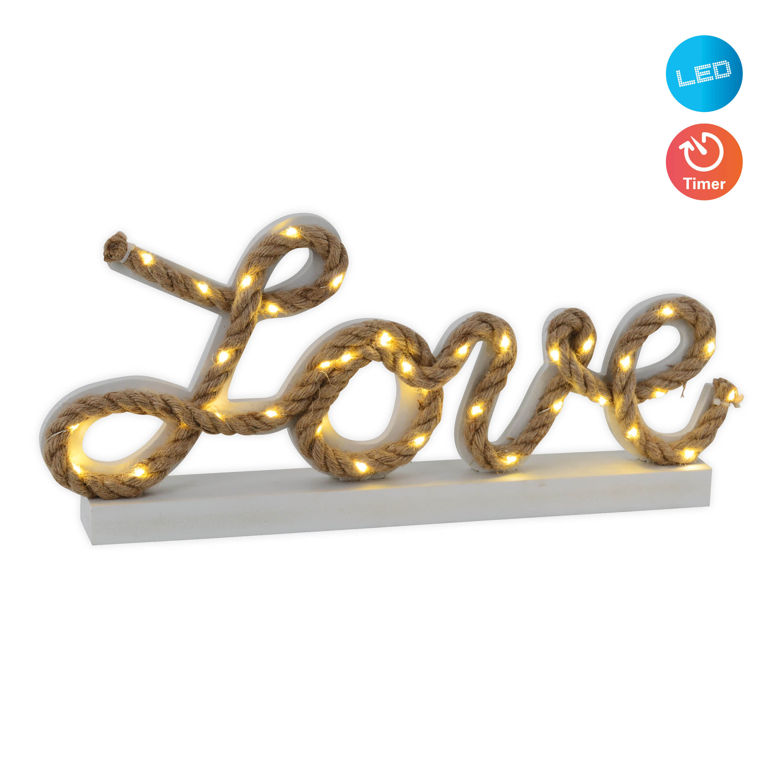 Ein 'Love'-Schild aus Seil mit eingebauten Lichtern, auf einer weißen Basis platziert.