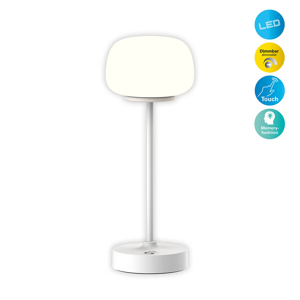 Eine weiße Lampe mit quadratischem, leuchtendem Oberteil auf weißem Sockel.