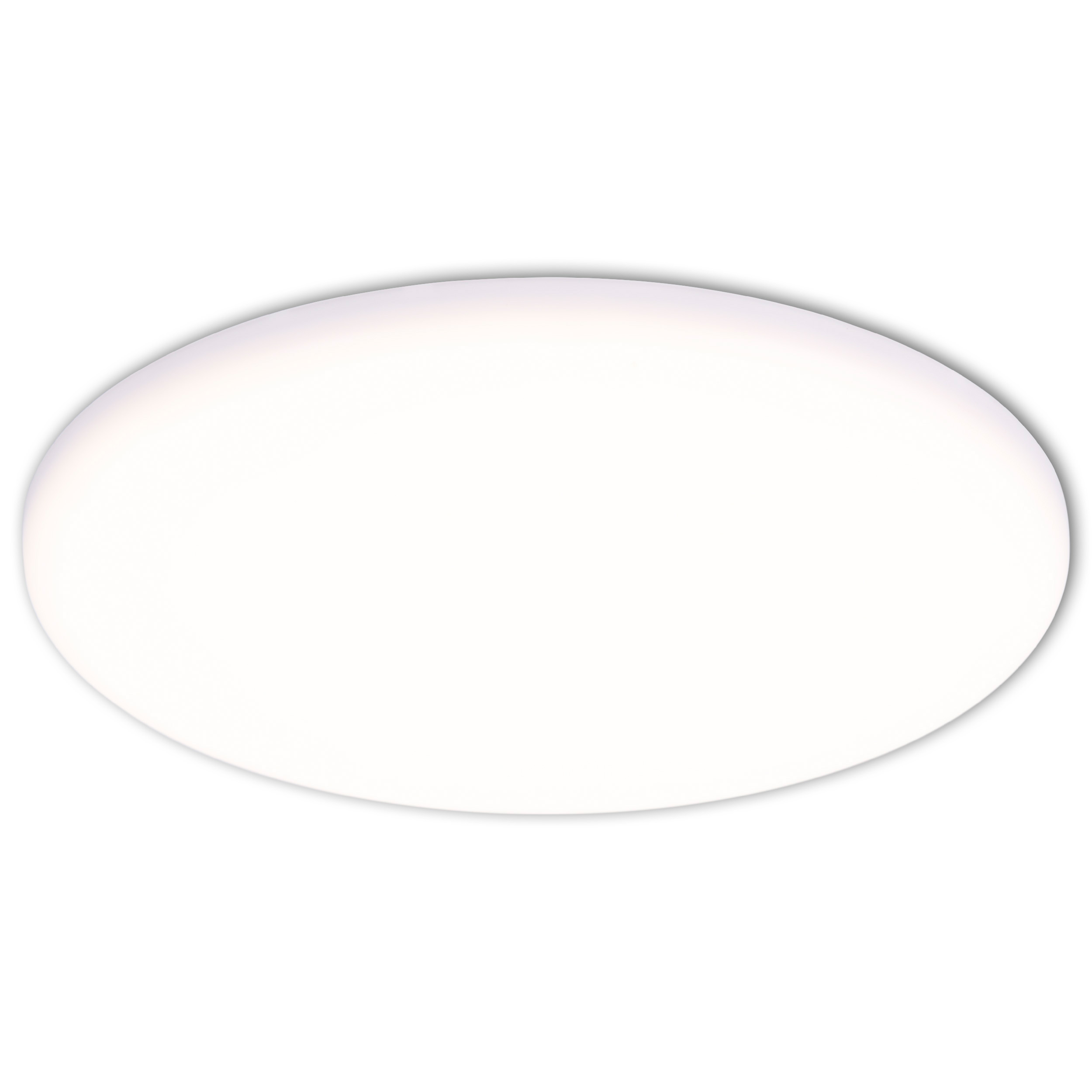 Eine ovale, weiße Deckenleuchte, die sanftes, diffuses Licht vor weißem Hintergrund ausstrahlt.
