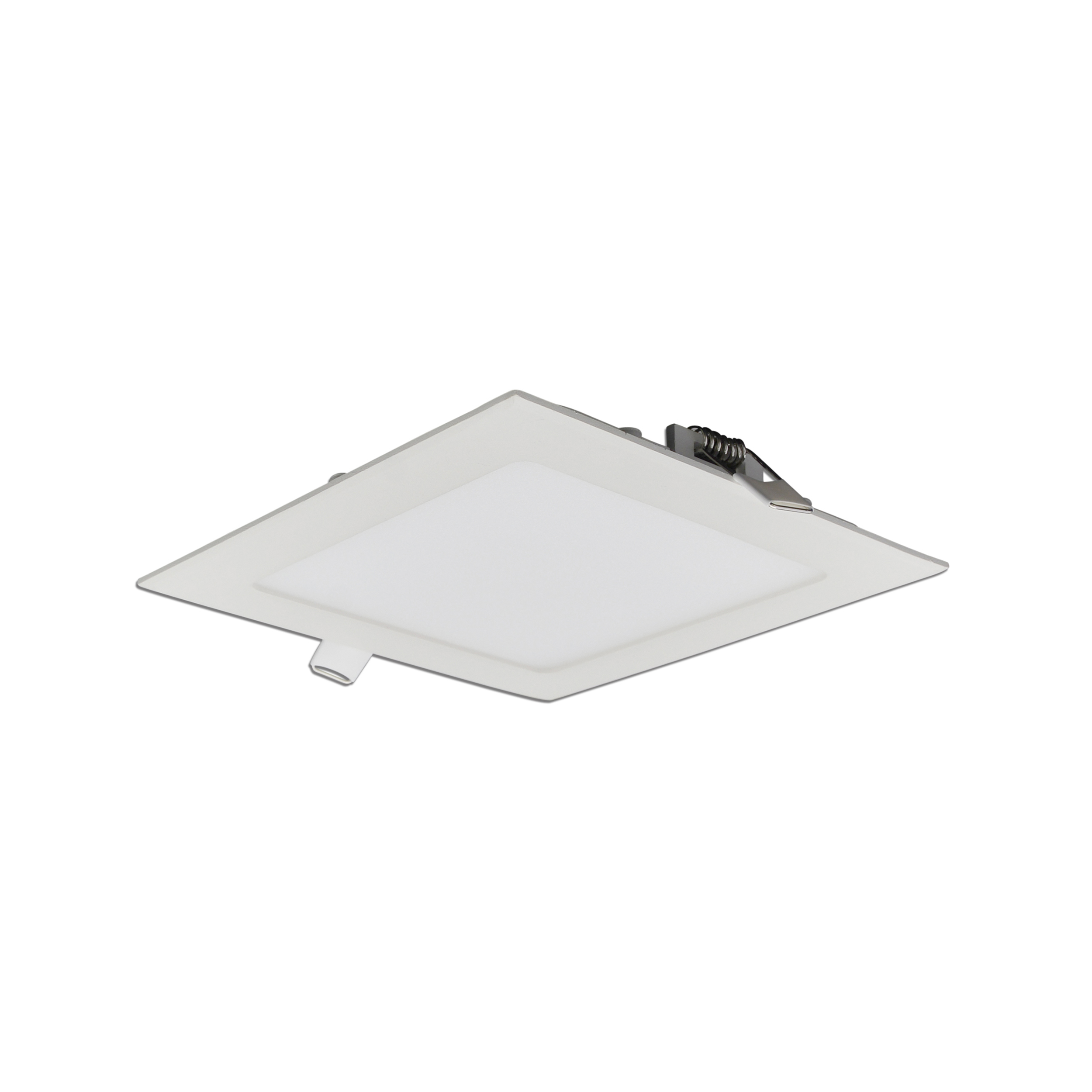 Eine quadratische, eingelassene LED-Leuchte mit weißem Rahmen und weißem Licht.