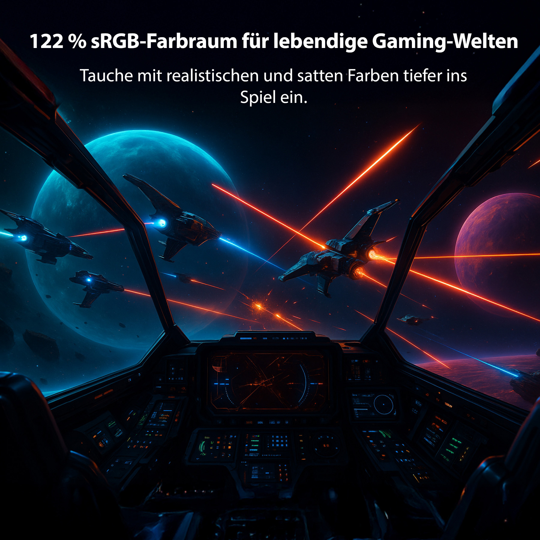 Raumschiff-Cockpit-Ansicht mit Raumschiffen, die an Planeten und Laserstrahlen vorbeifliegen.