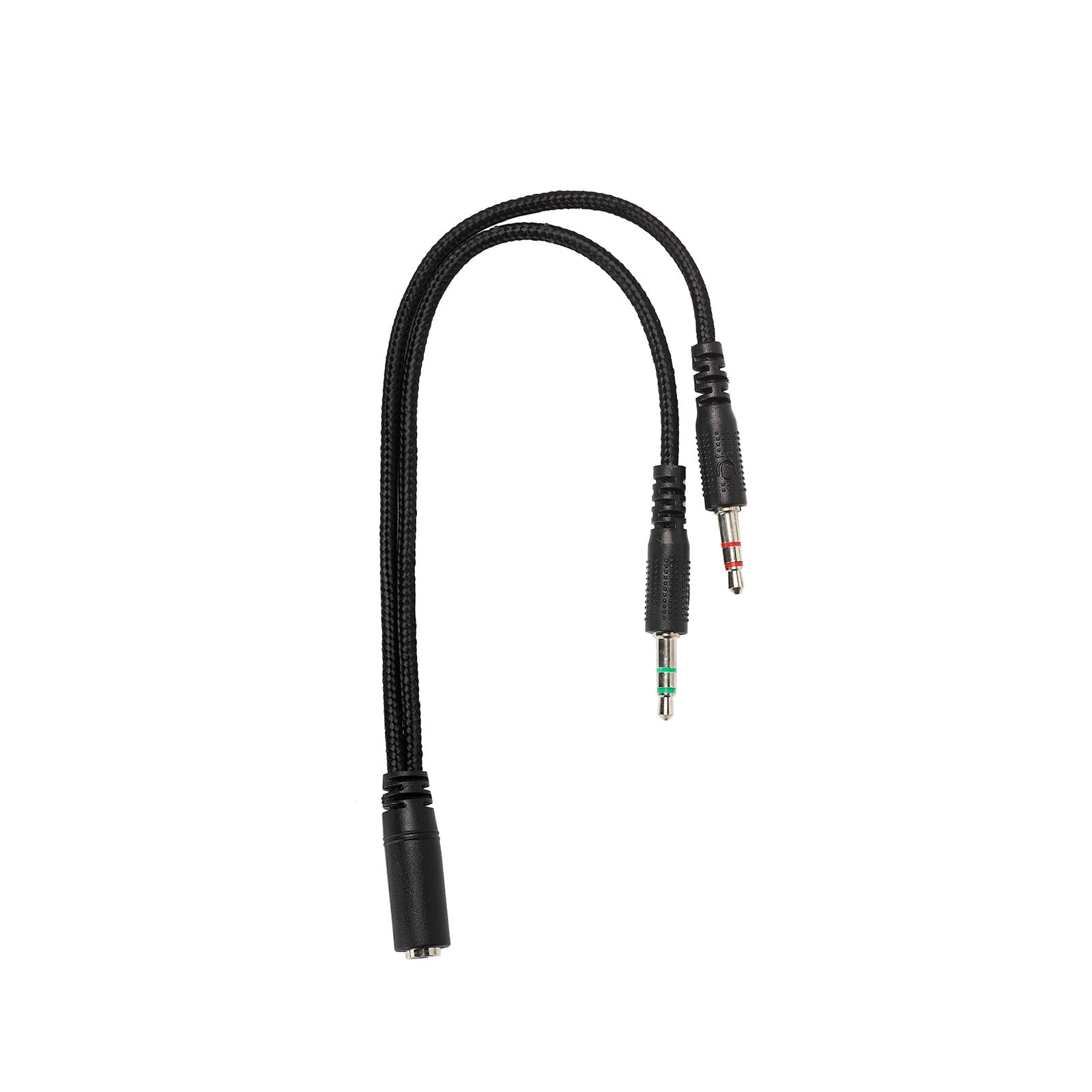 Kabel rozdzielający z jednym żeńskim i dwoma męskimi gniazdami audio 3,5 mm.