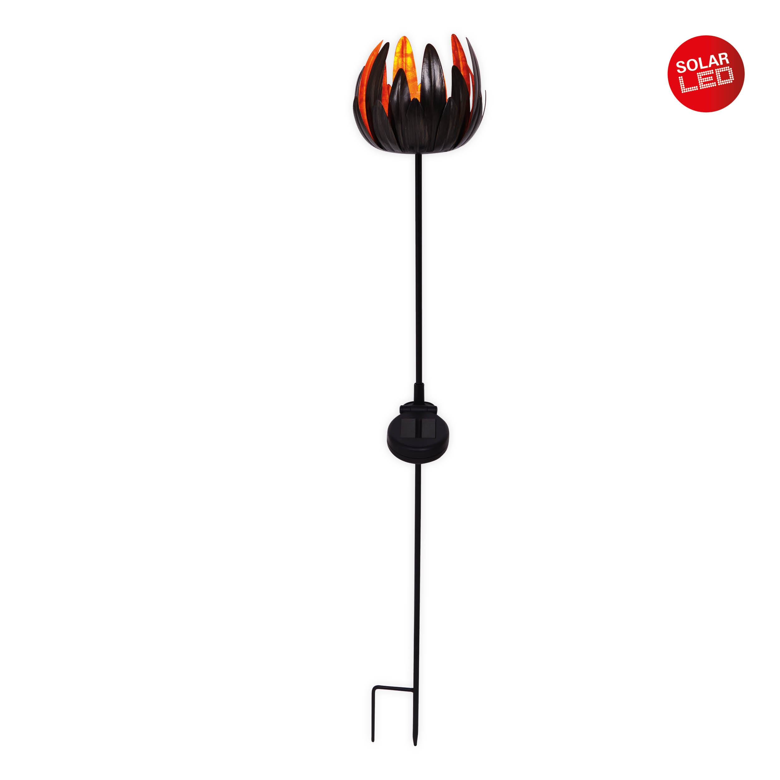 Ein Gartenstecker mit einer solarbetriebenen Blume mit orangefarbenen und schwarzen Blütenblättern.
