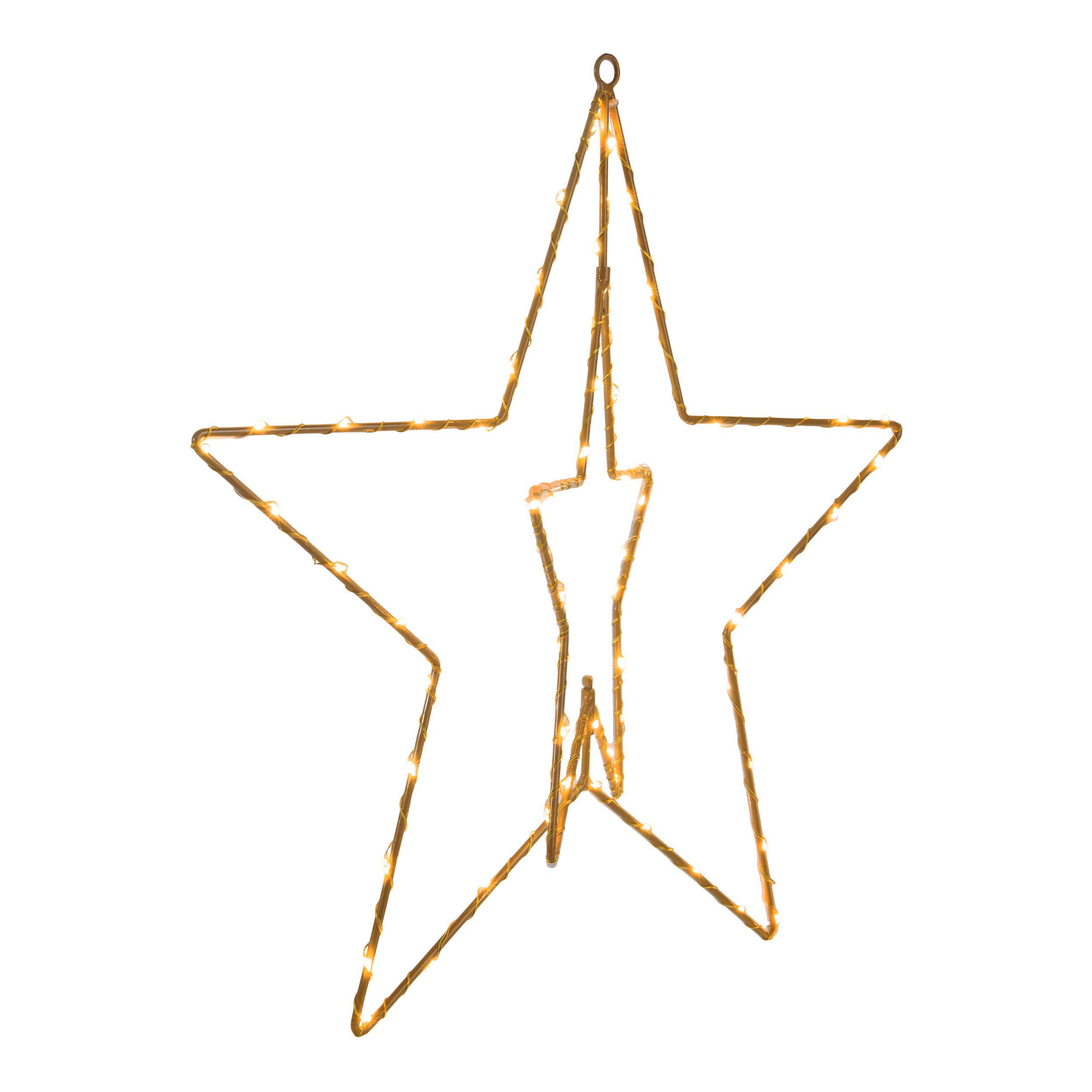 Eine sternförmige Dekoration mit goldenem Umriss und kleinen Lichtern.