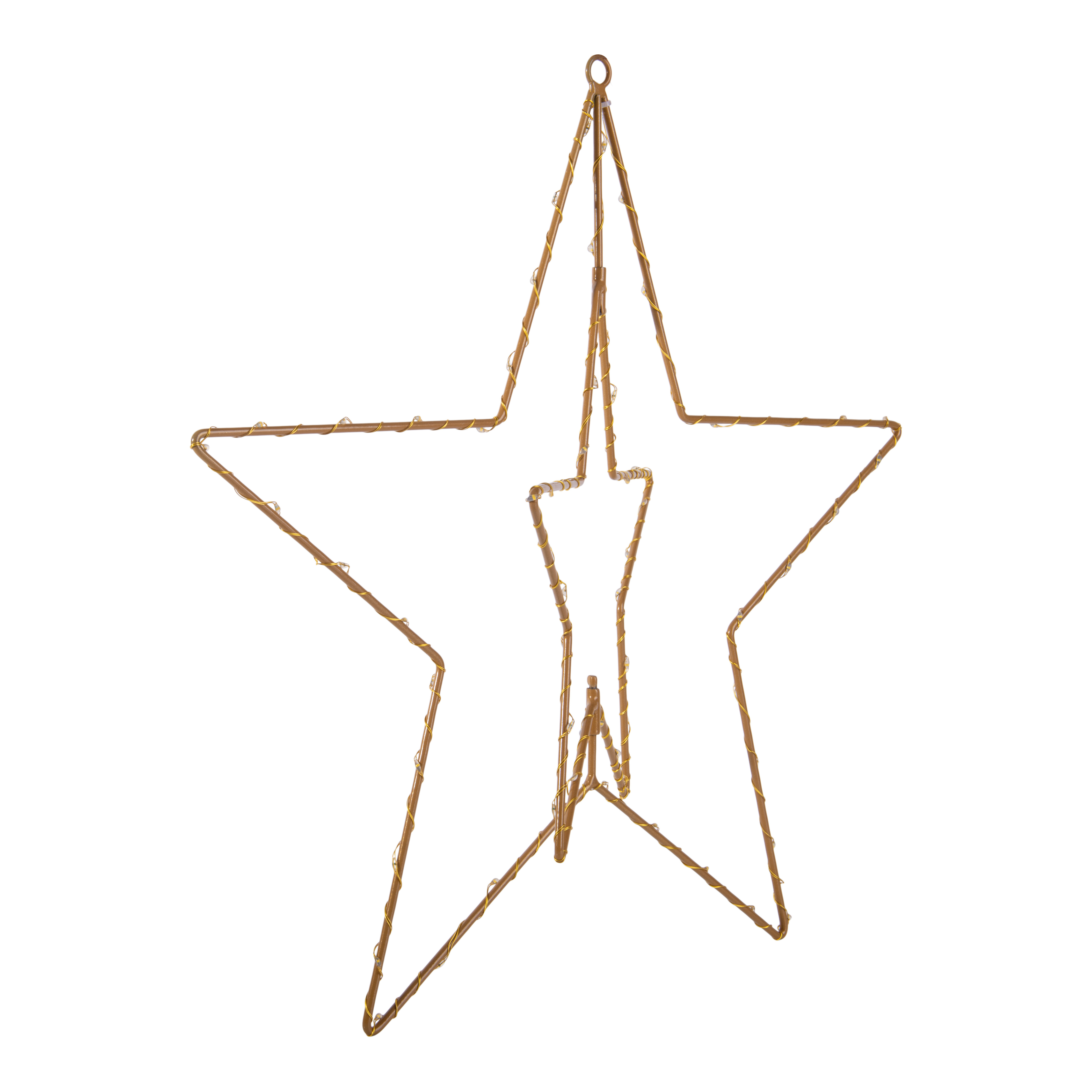 Eine sternförmige Dekoration mit goldenem Umriss und kleinen Lichtern.