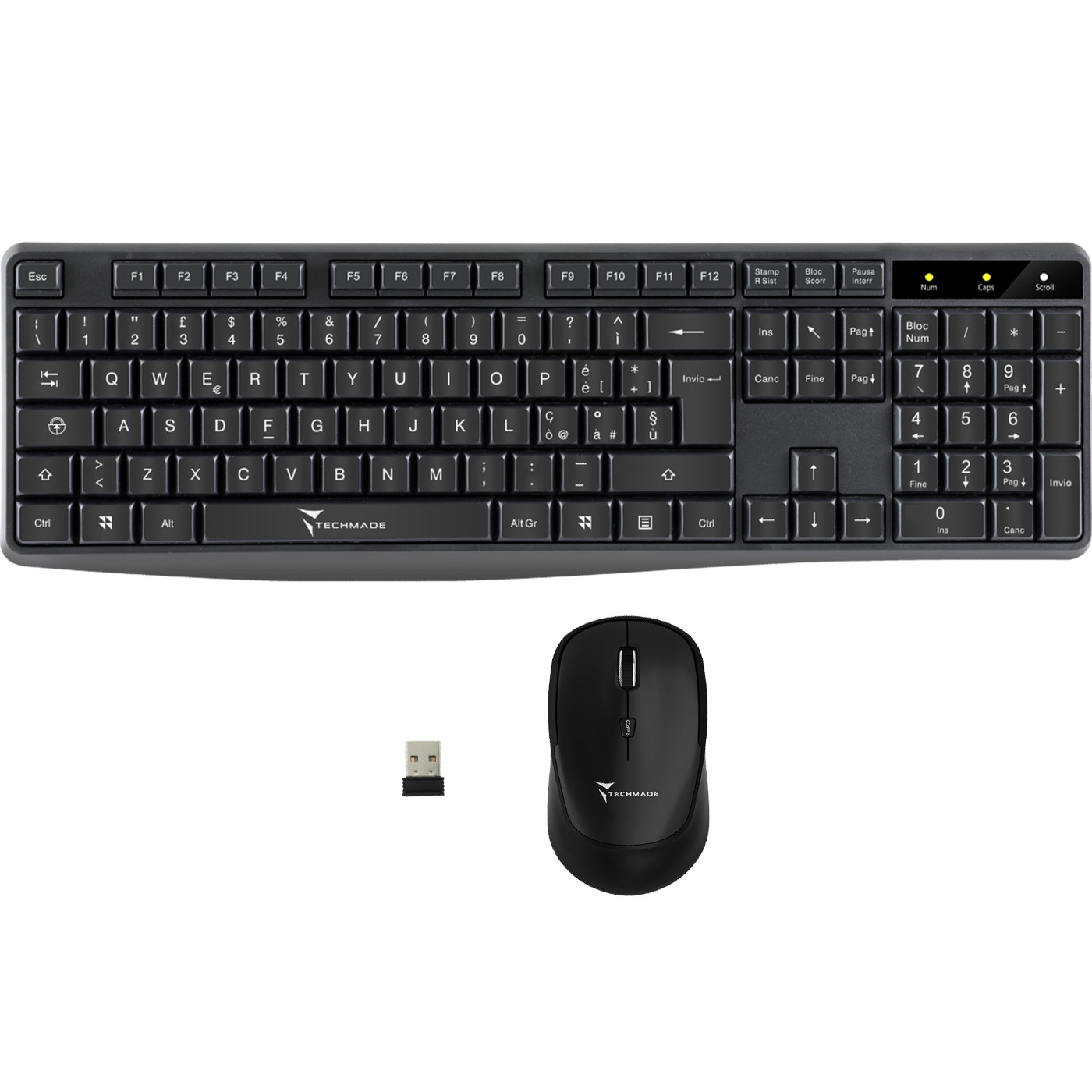 Una tastiera, un mouse e un ricevitore USB neri su sfondo bianco.