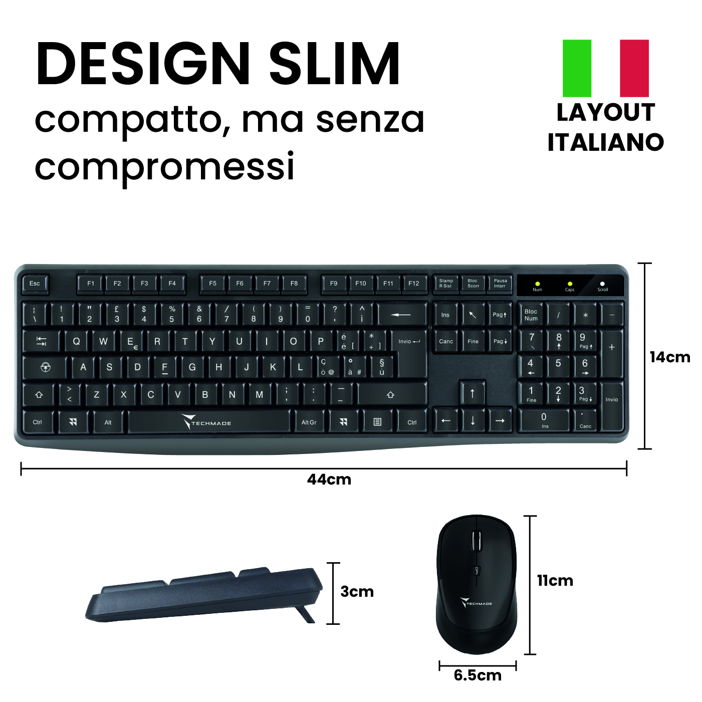 Una tastiera nera, un mouse e testo layout italiano. Sono fornite anche le dimensioni.
