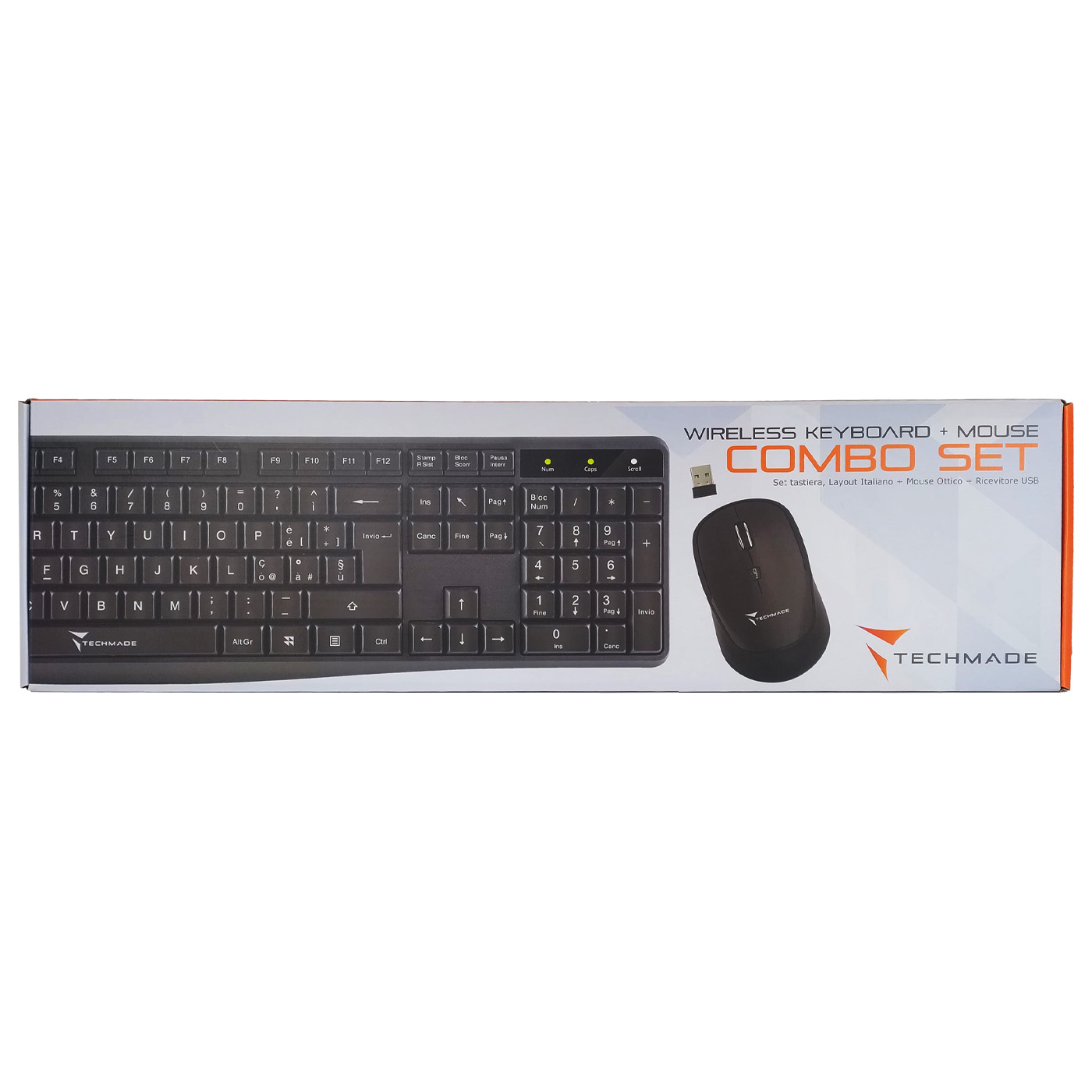 Un set combo tastiera e mouse wireless in una scatola con un ricevitore USB.