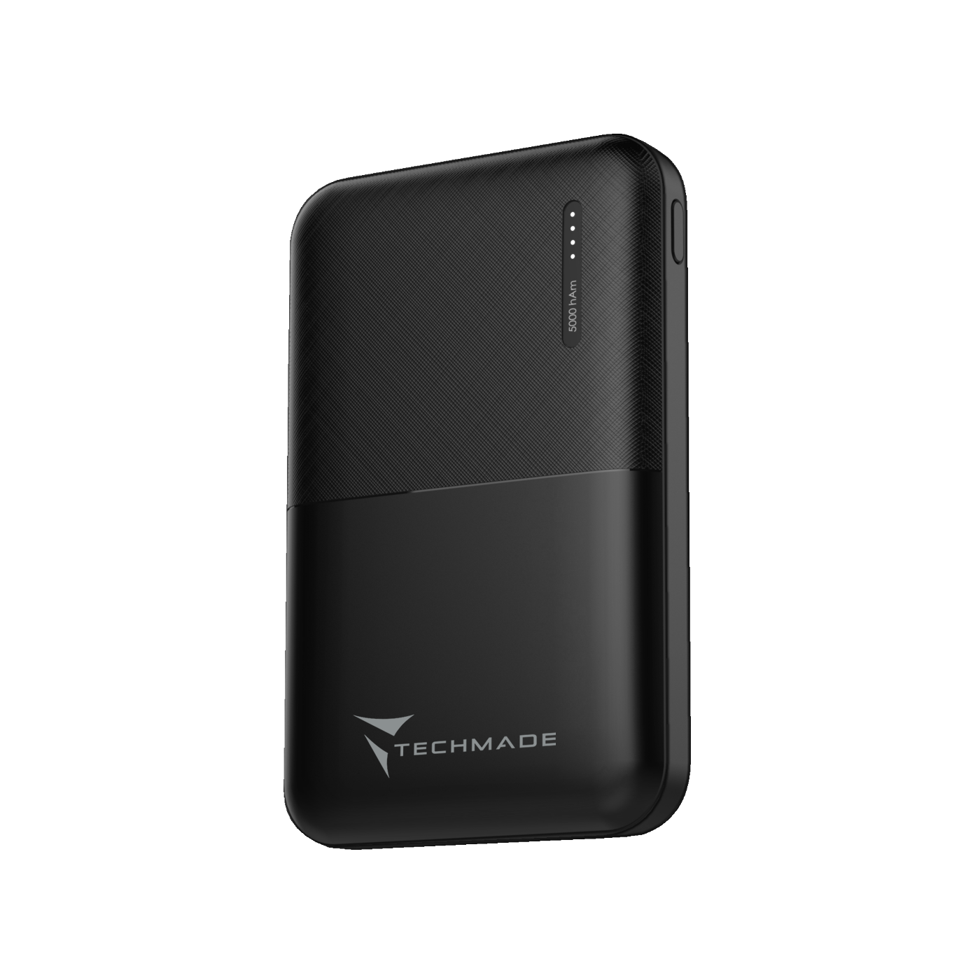 Un power bank nero con il logo 'TECHMADE' e un indicatore di capacità da 5000 mAh.