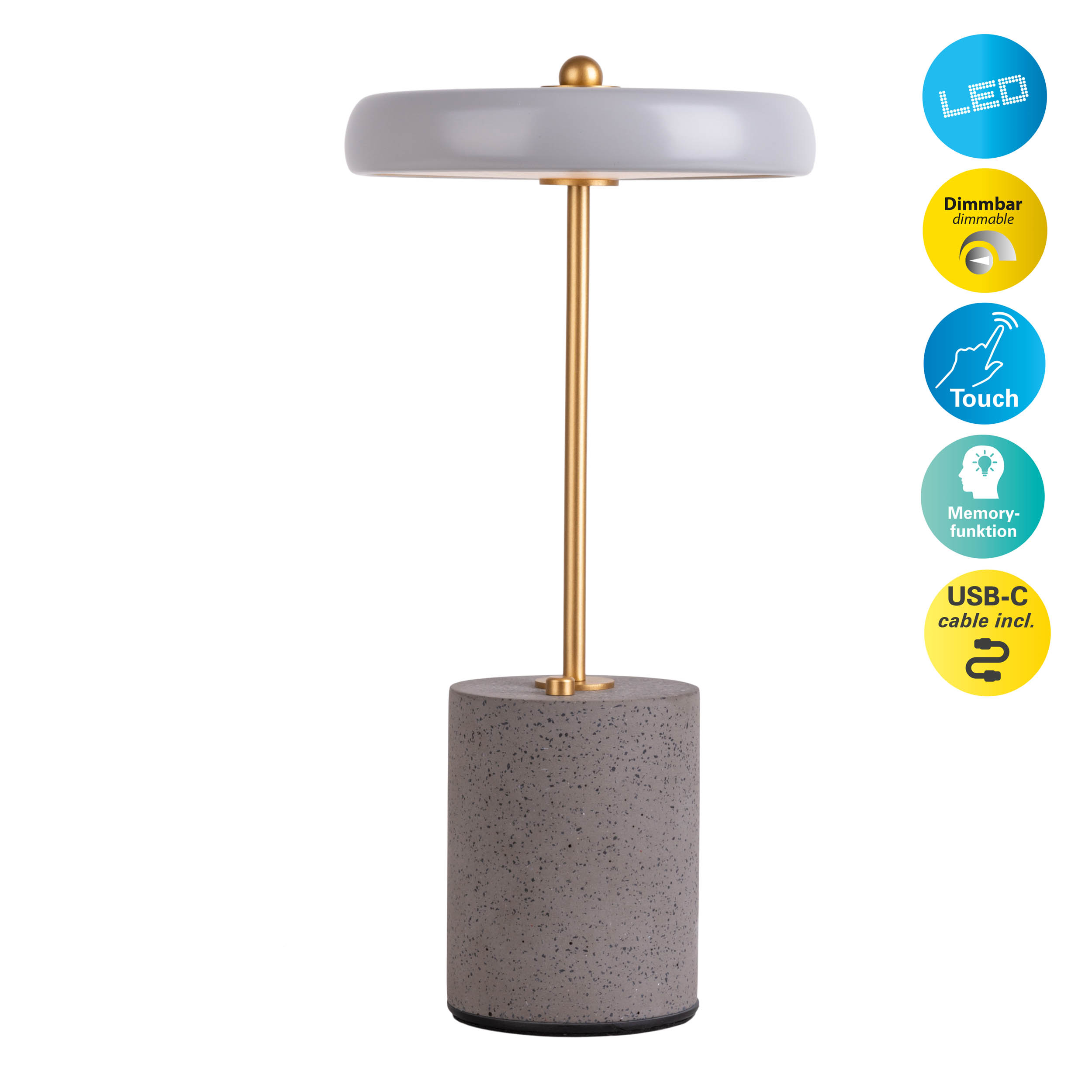 Eine graue Lampe mit rundem Ober- und Unterteil, einem goldenen Stiel und Symbolen rechts.