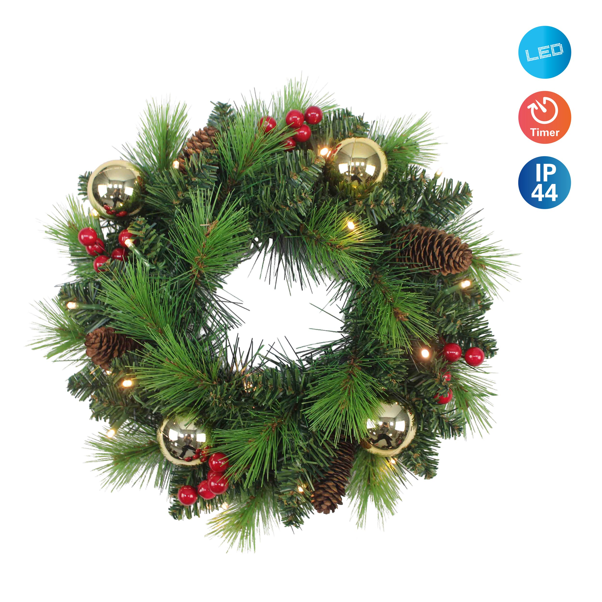Ein Weihnachtskranz mit Kiefer, goldenen Ornamenten, roten Beeren und Symbolen auf weißem Hintergrund.