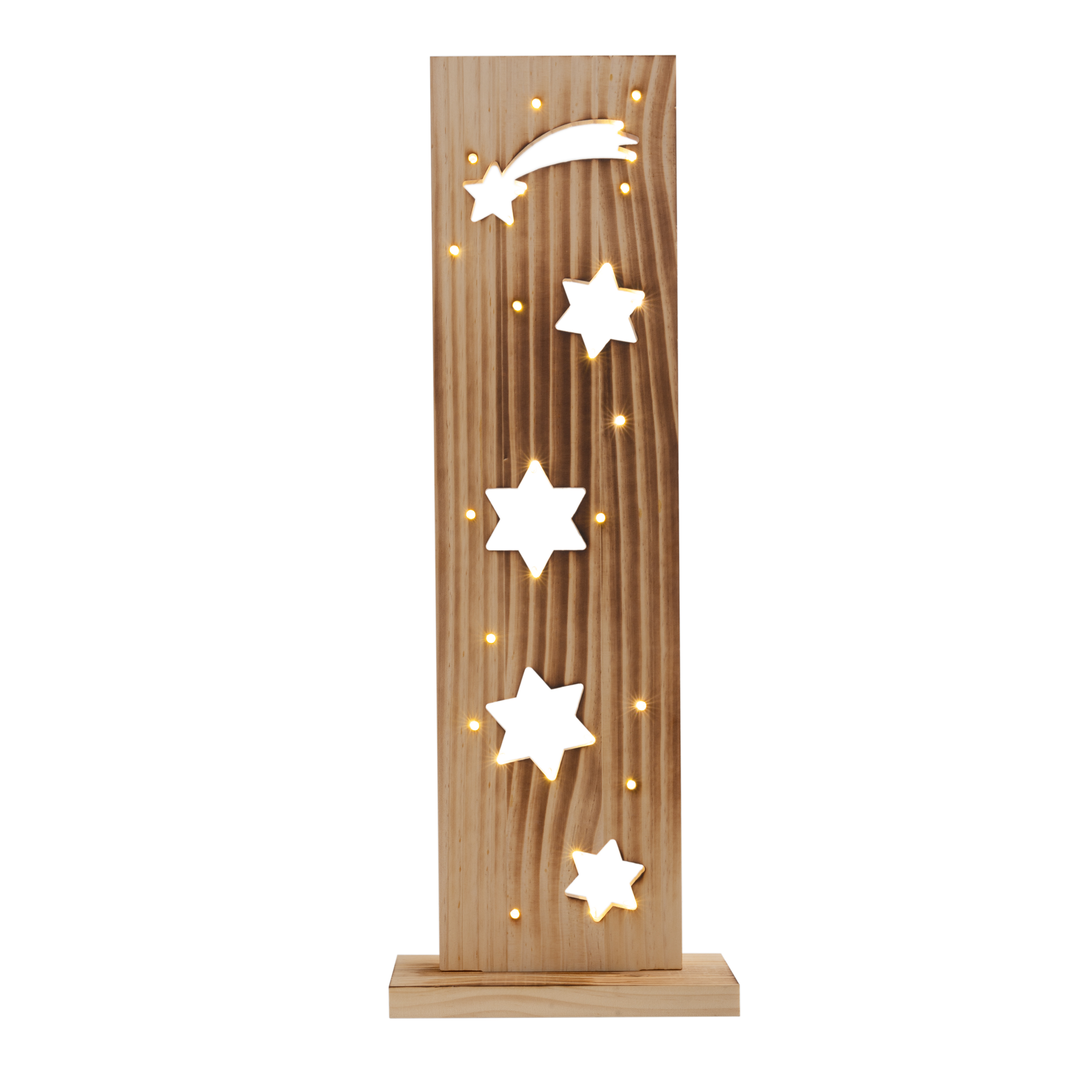 Weihnachtsdekoration aus Holz mit Sternen und Kometen.