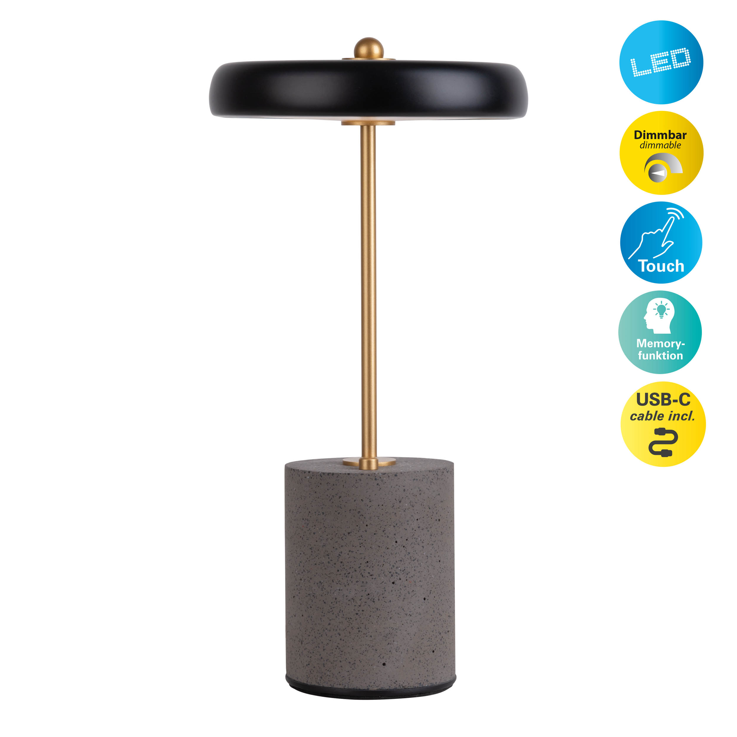 Eine schwarz-goldene Lampe mit Betonbasis und Touch-Bedienelementen, isoliert auf Weiß.