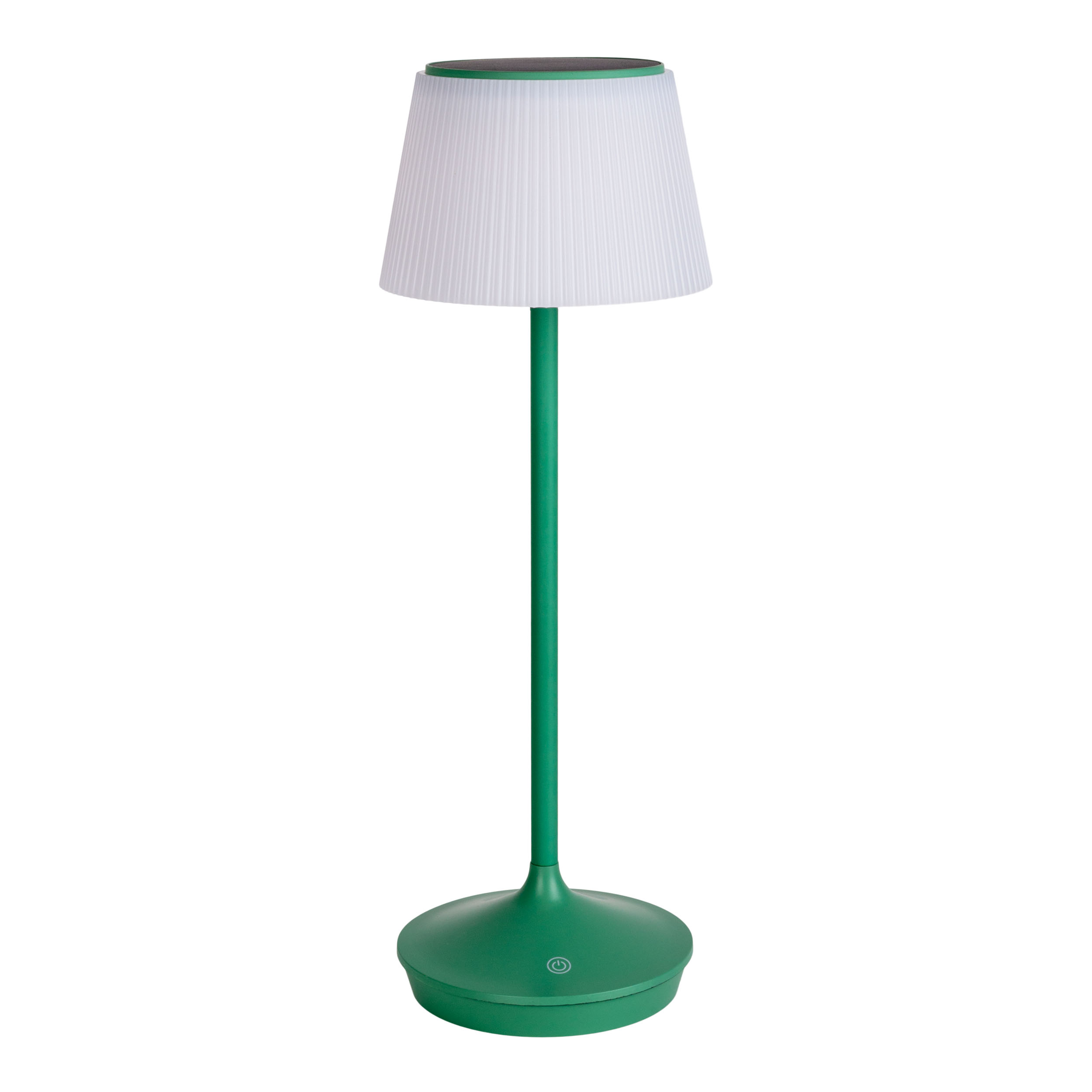 Eine grüne Lampe mit weißem Lampenschirm.