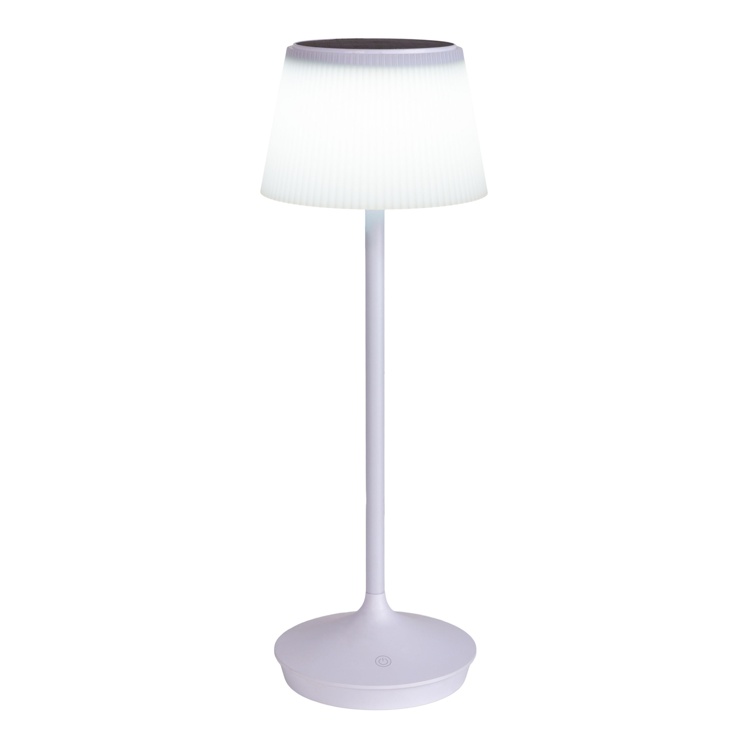 Eine weiße Lampe mit weißem Lampenschirm.