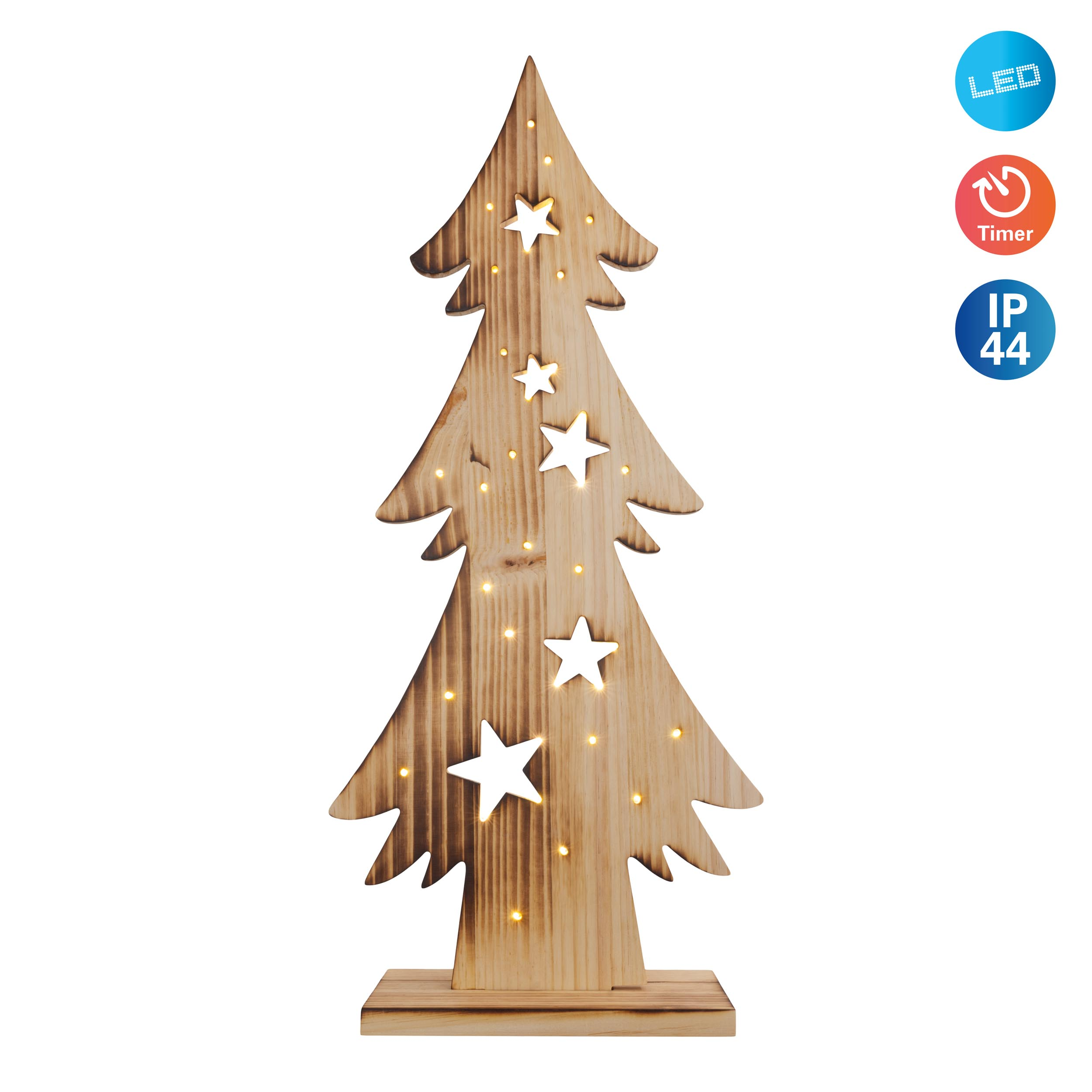 Weihnachtsbaum aus Holz mit Sternaussparungen, beleuchtet.