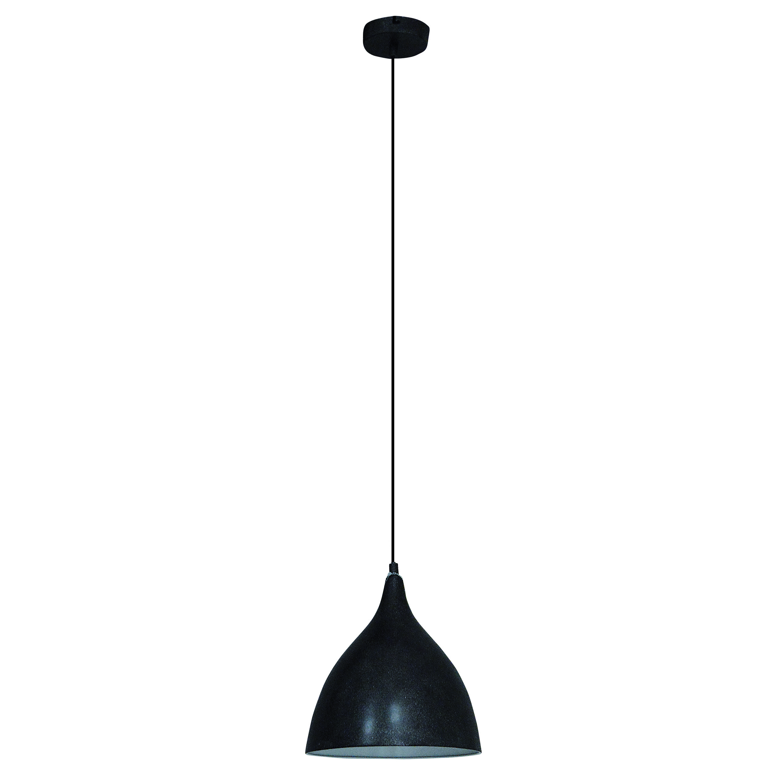 Eine schwarze Pendelleuchte mit Tropfenform.