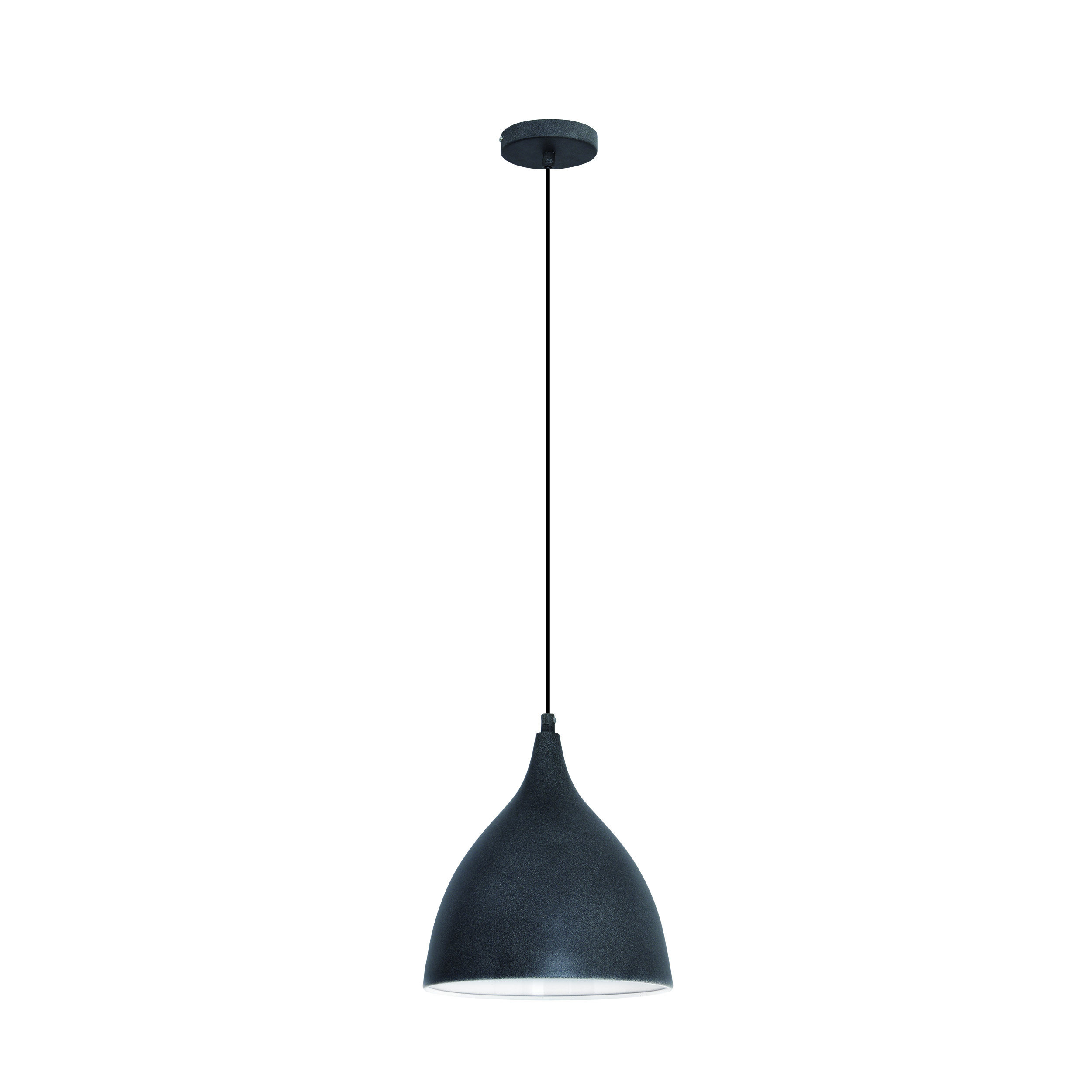 Eine schwarze Pendelleuchte mit tropfenförmigem Lampenschirm.