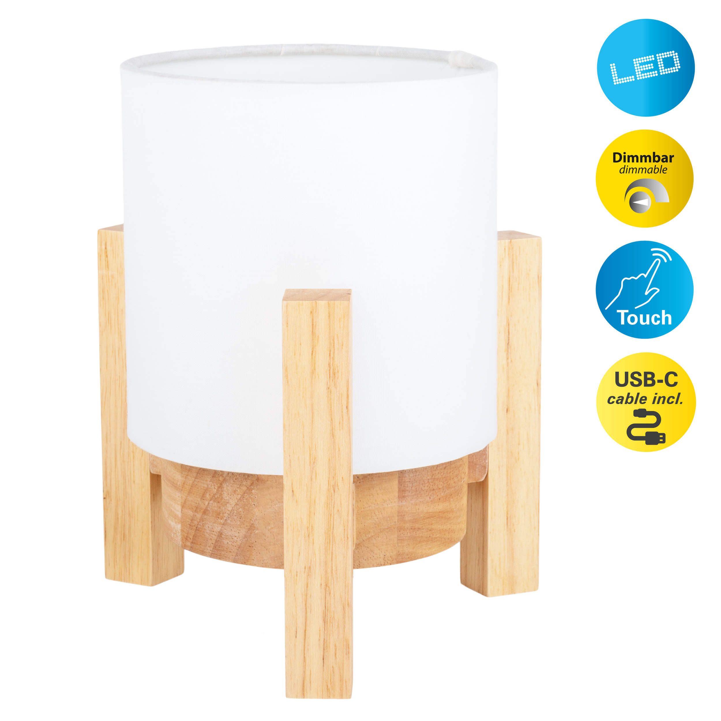 Eine weiße Lampe mit Holzfuß und Bedienelementen.