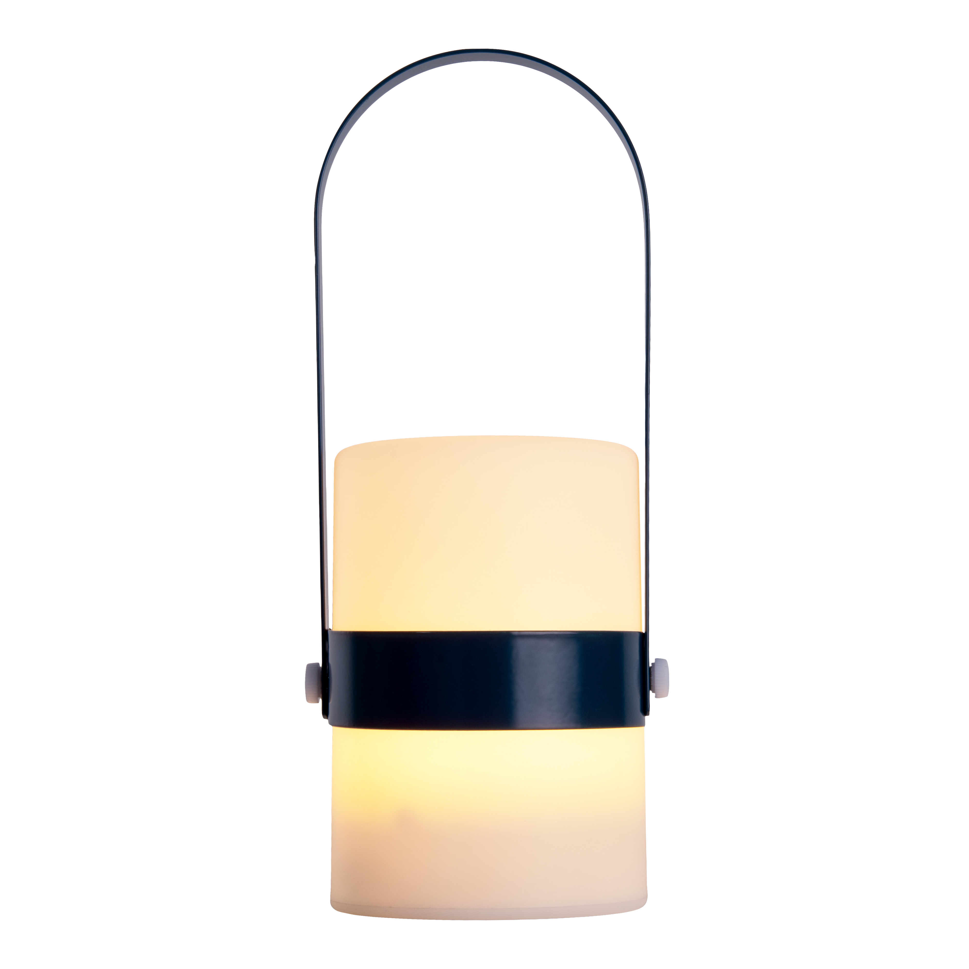 Eine zylindrische Lampe mit einem dunkelblauen Griff und Band. Sie hat zwei beleuchtete Bereiche, oben und unten.