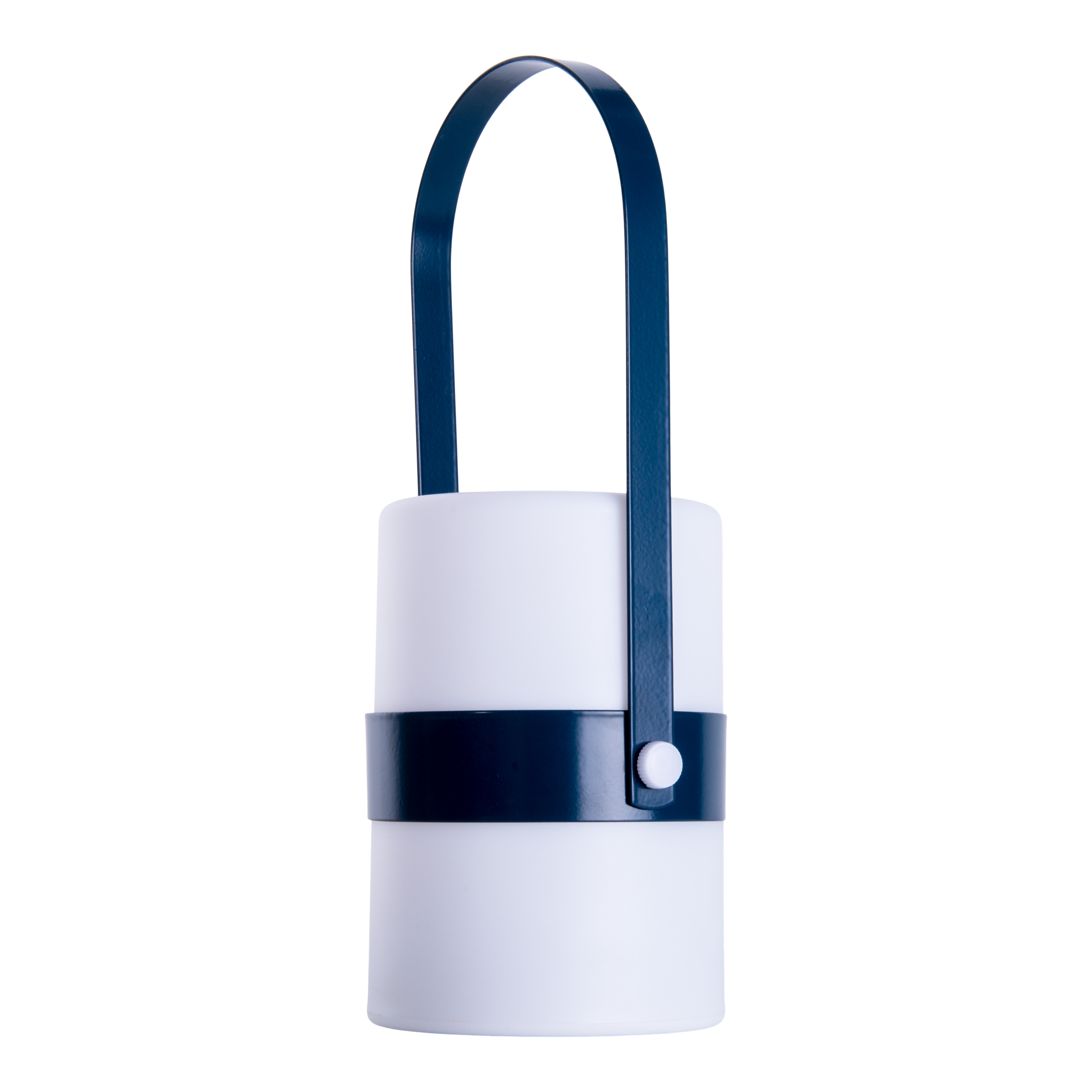 Eine weiße und blaue Lampe mit Griff.
