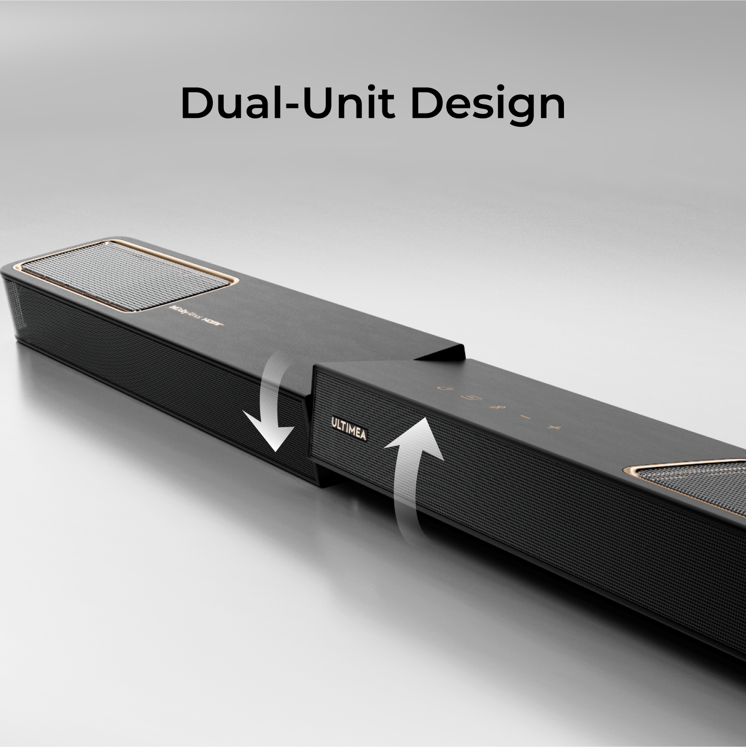 Eine schwarze Soundbar mit einem Abschnitt, der zur Seite herausgezogen wird. Text sagt: Dual-Unit Design.